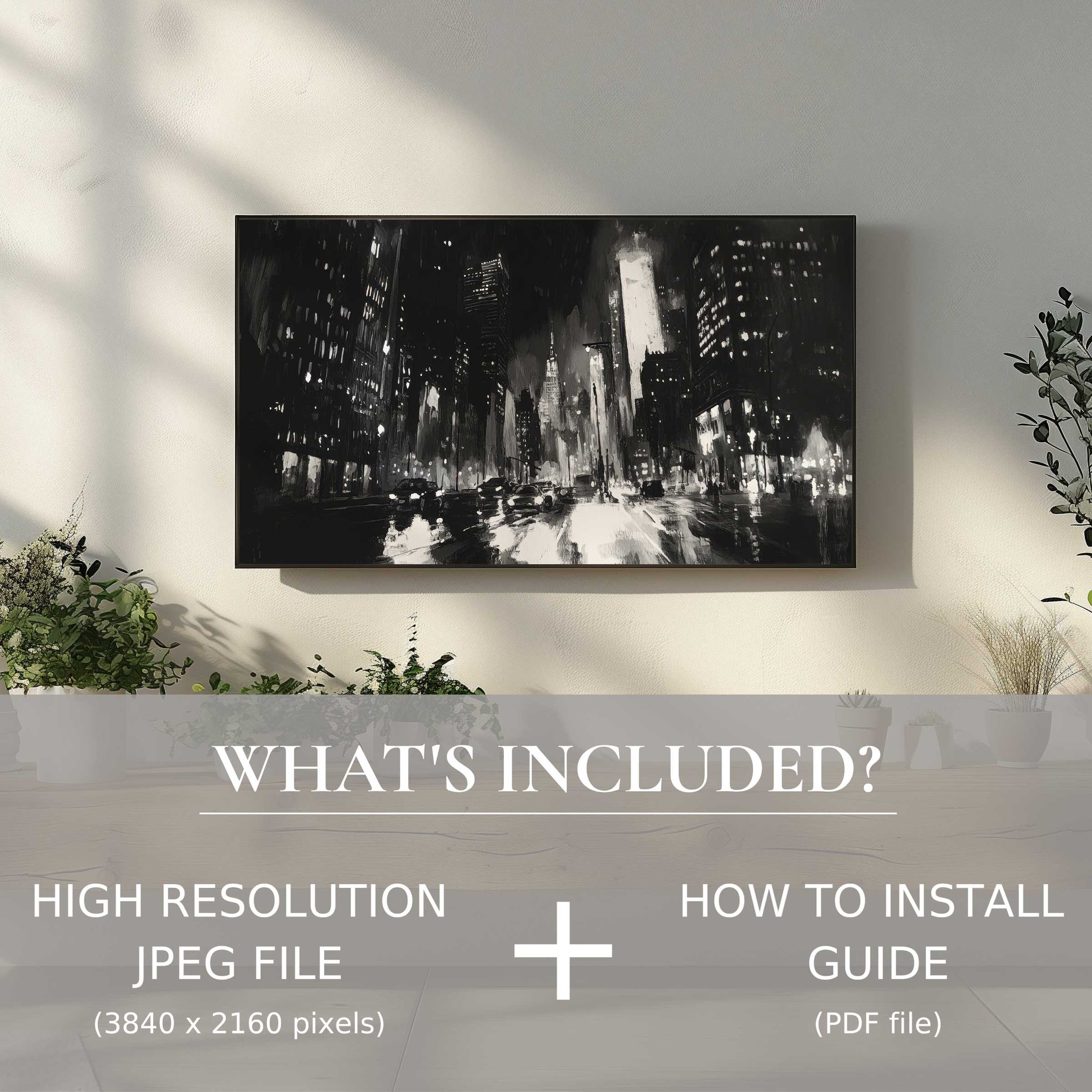 Modern living room with stylish black and white digital TV art download, enhancing space with easy digital use