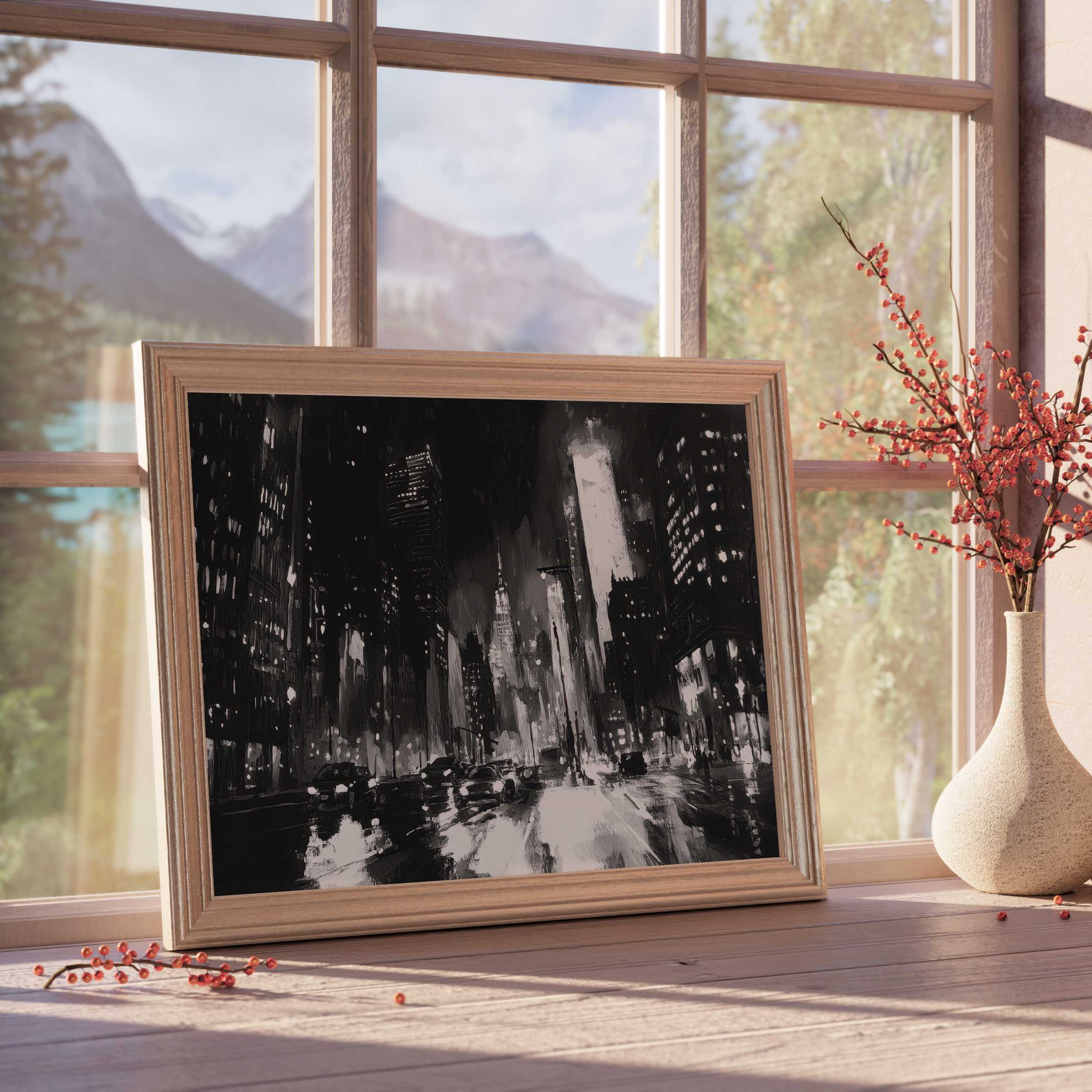 Black and white downloadable art capturing a moody cityscape, evoking sleek, timeless elegance in curated modern interiors