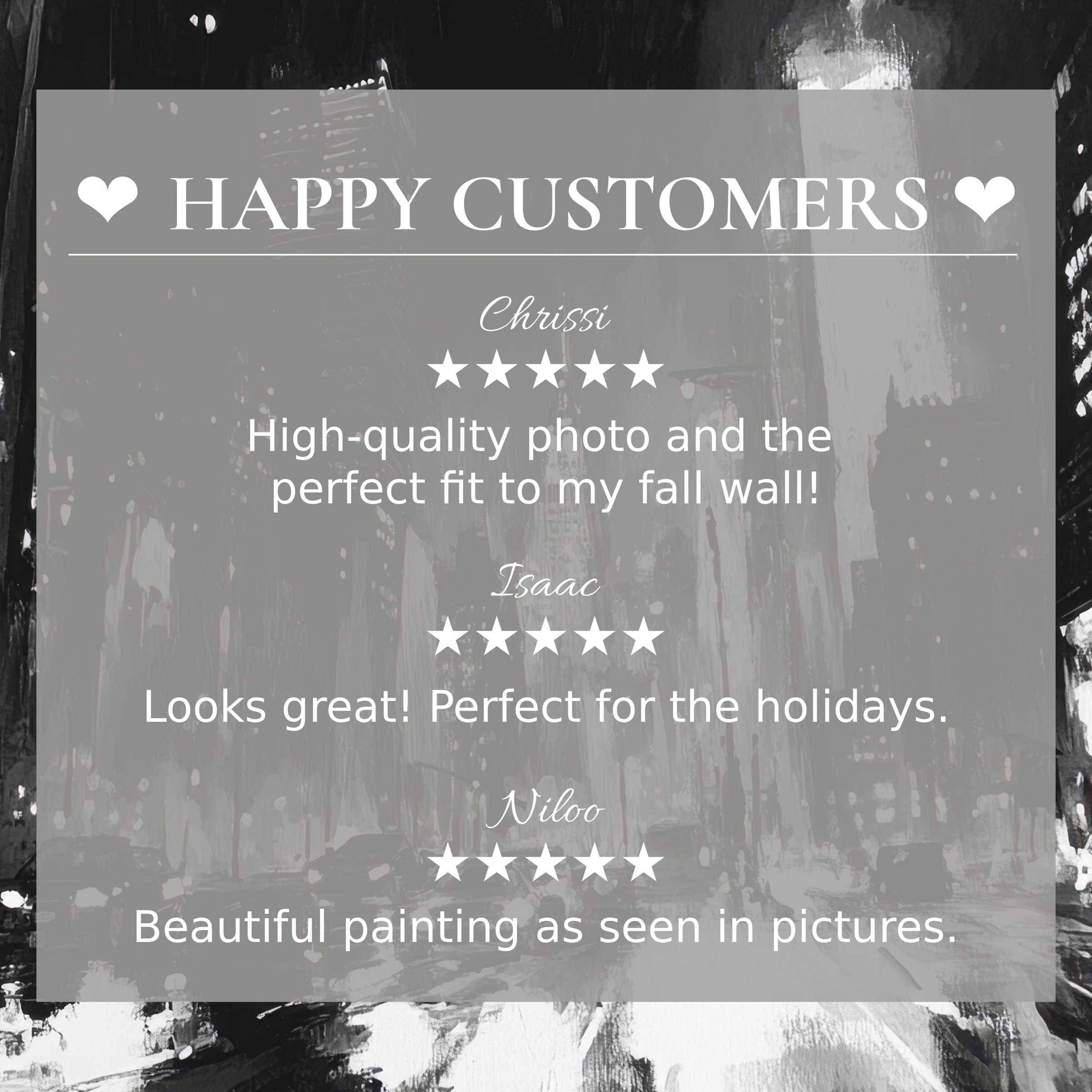 Black and white art for Frame TV with urban cityscape backdrop, showcasing happy customer reviews and elegant design