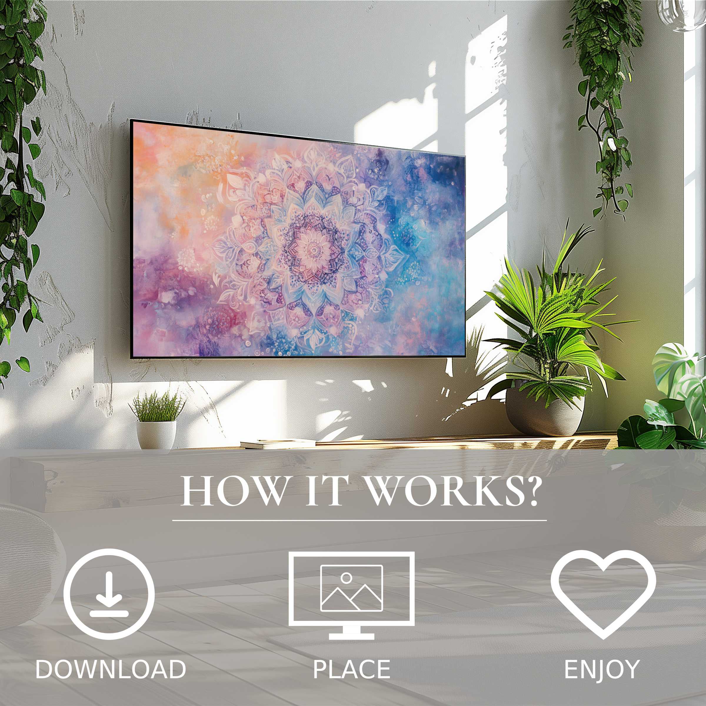 Boho art for Samsung TV with easy digital download, soft sunset tones mandala enrich a bright, green living space