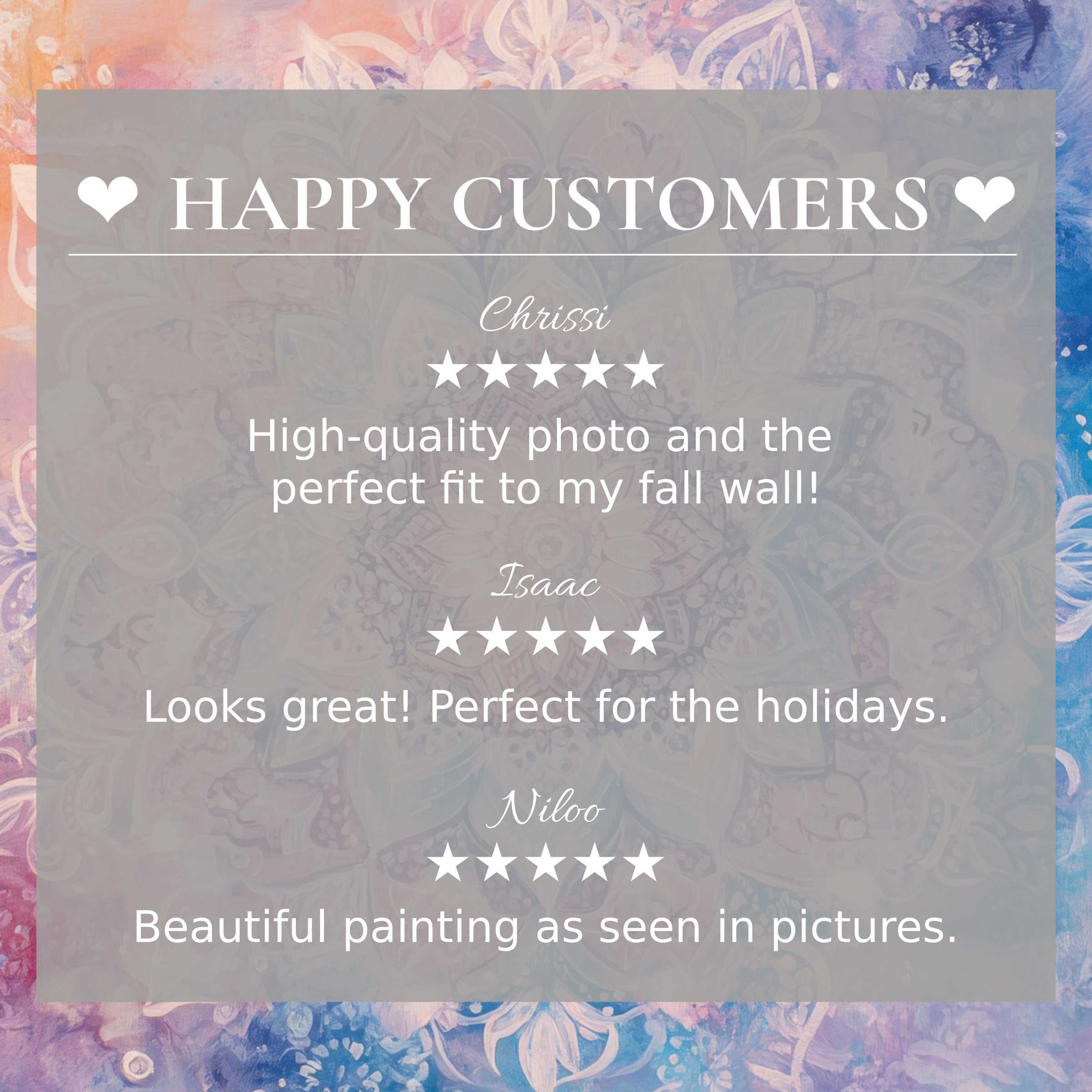 Boho art for Frame TV with abstract sunset hues, showcasing happy customer reviews and elegant, trustworthy design