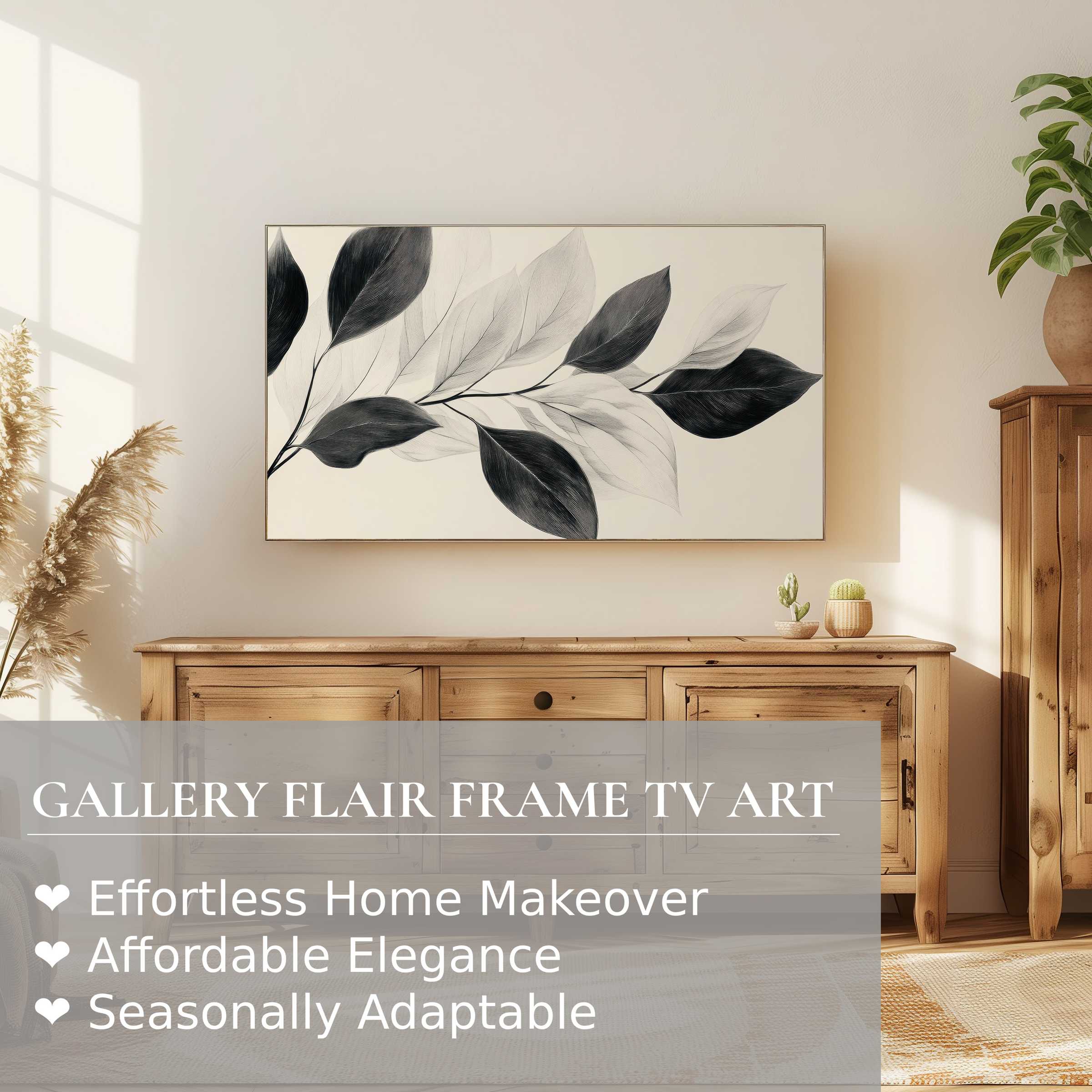 Minimalist neutral digital artwork of delicate leaves in soft tones on Samsung Frame TV, perfect for refined home decor