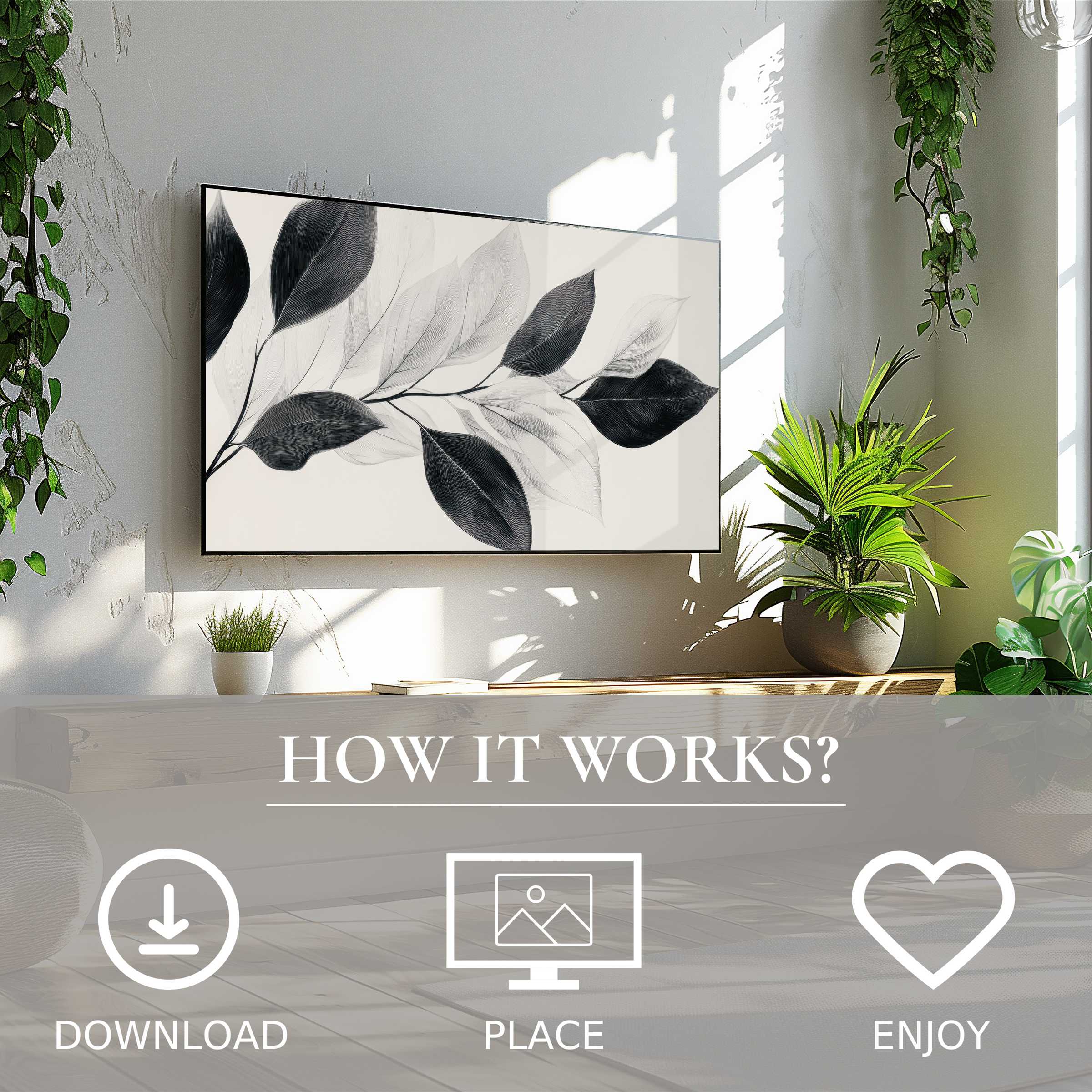 Neutral art for Samsung TV shows soft black and gray leaf design, easy digital download enriching modern living spaces