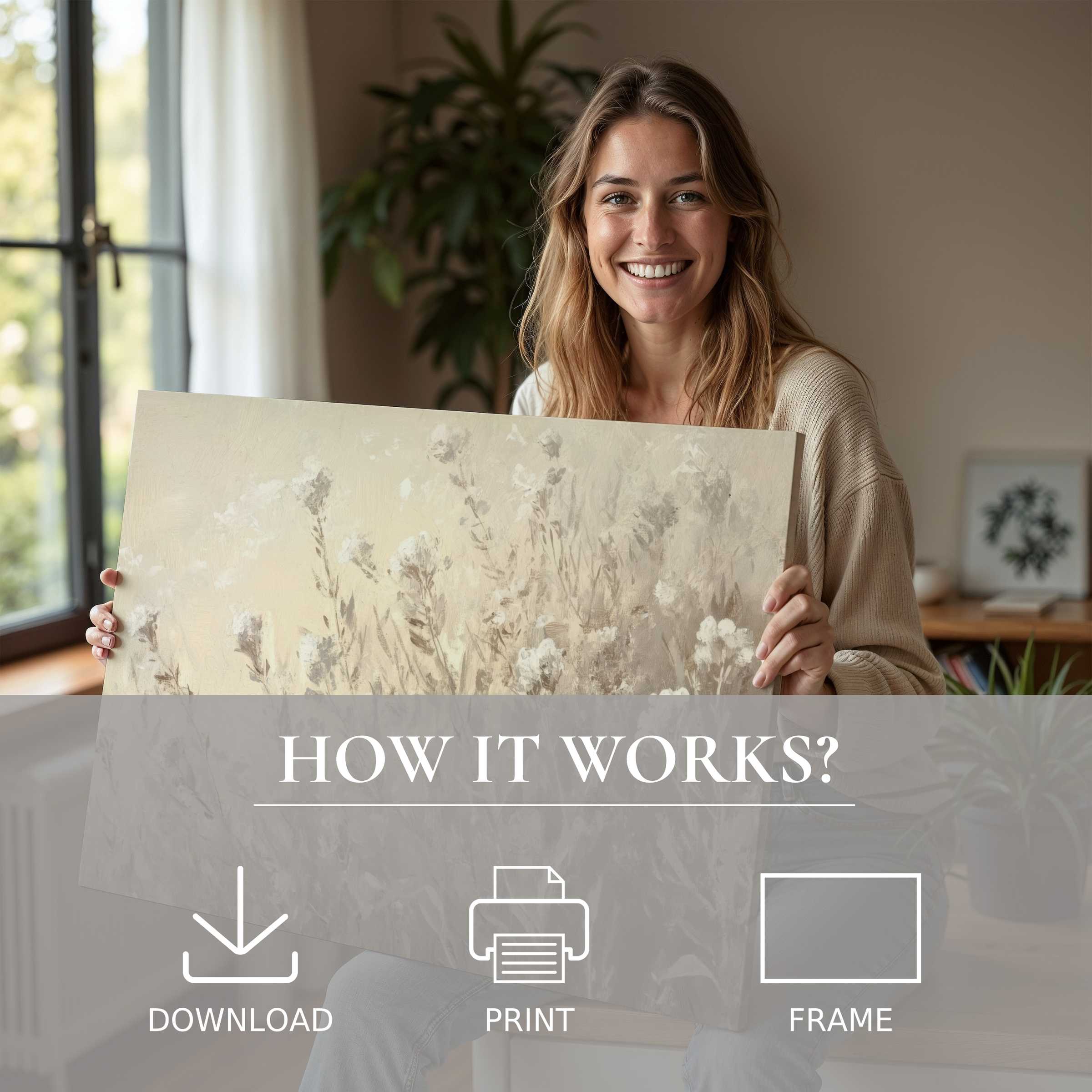 Radiant joy in a modern home as a serene botanical digital art print transforms space with effortless elegance and natural beauty