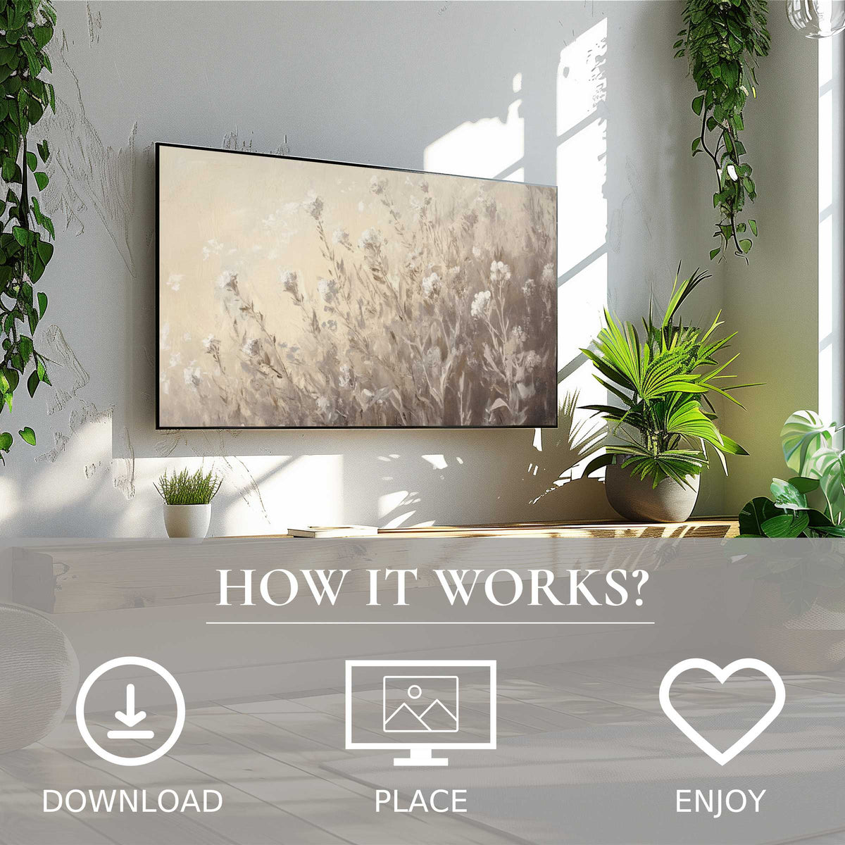 Botanical art for Samsung TV shows soft beige tones and wildflower motifs, easy digital download enriches modern spaces