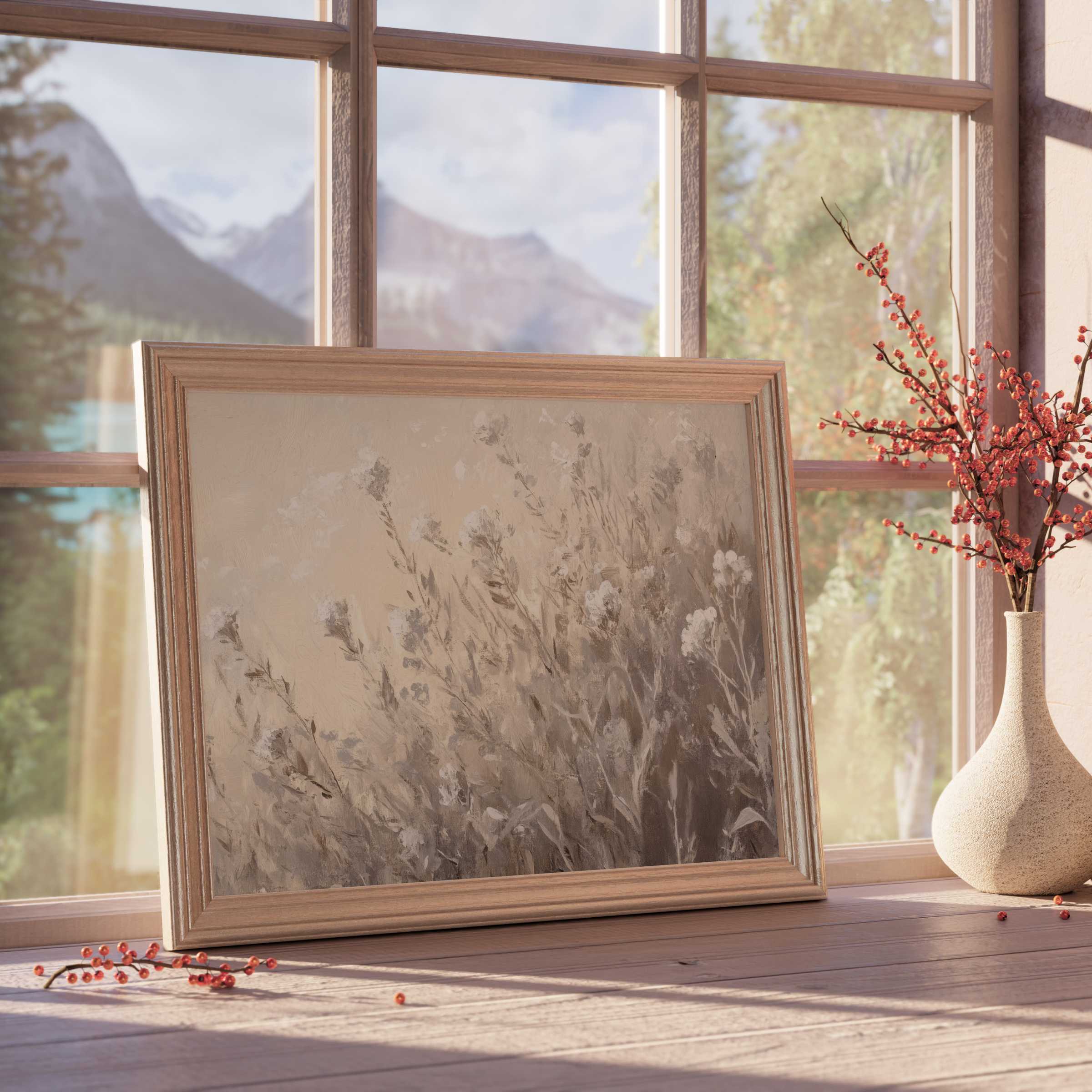 Botanical downloadable art in muted earth tones, evoking calm elegance and enriching serene, design-forward interiors with natural warmth