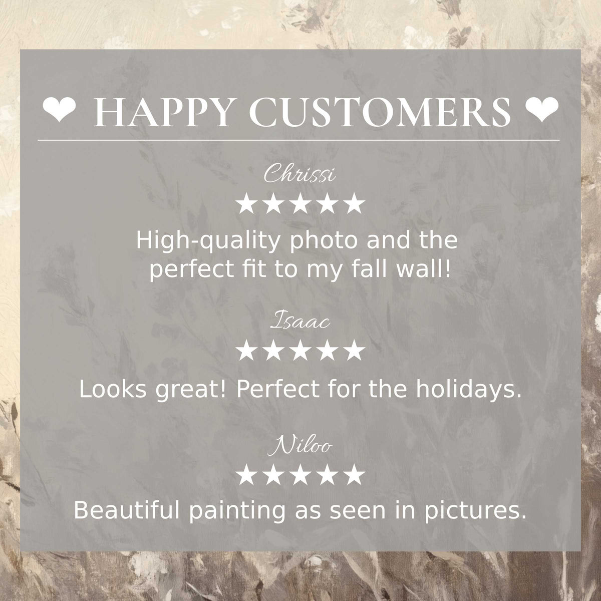 Happy customer reviews highlight botanical art for Frame TV against muted floral abstract background
