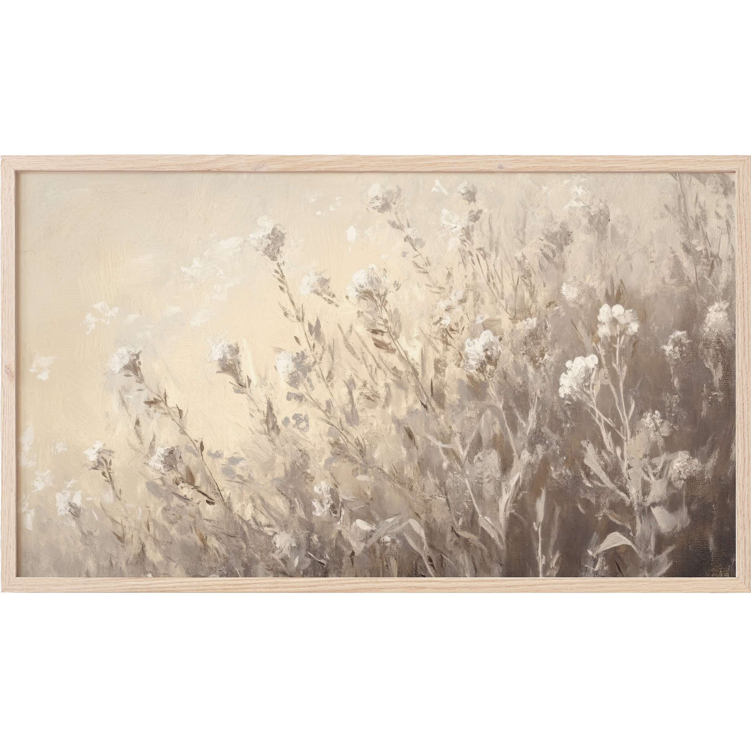 Softly muted beige and gray floral painting with delicate brushstrokes, a serene botanical Frame TV Art