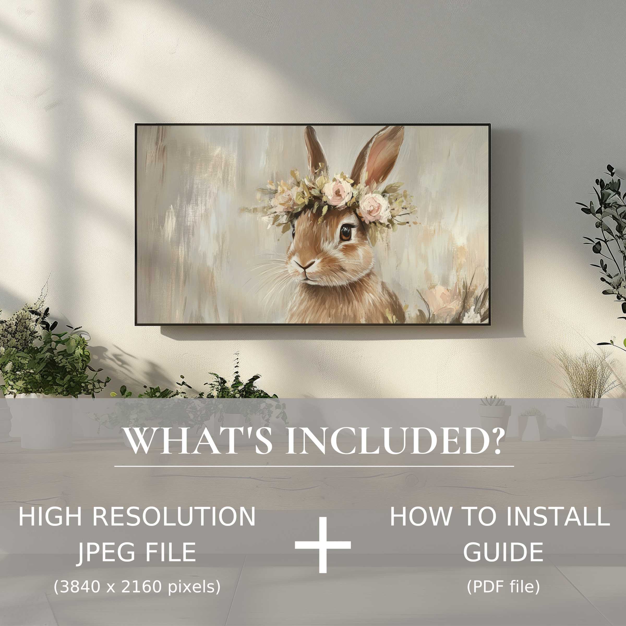 Elegant easter digital TV art download featuring a floral bunny, enhancing living space with easy digital use and charm