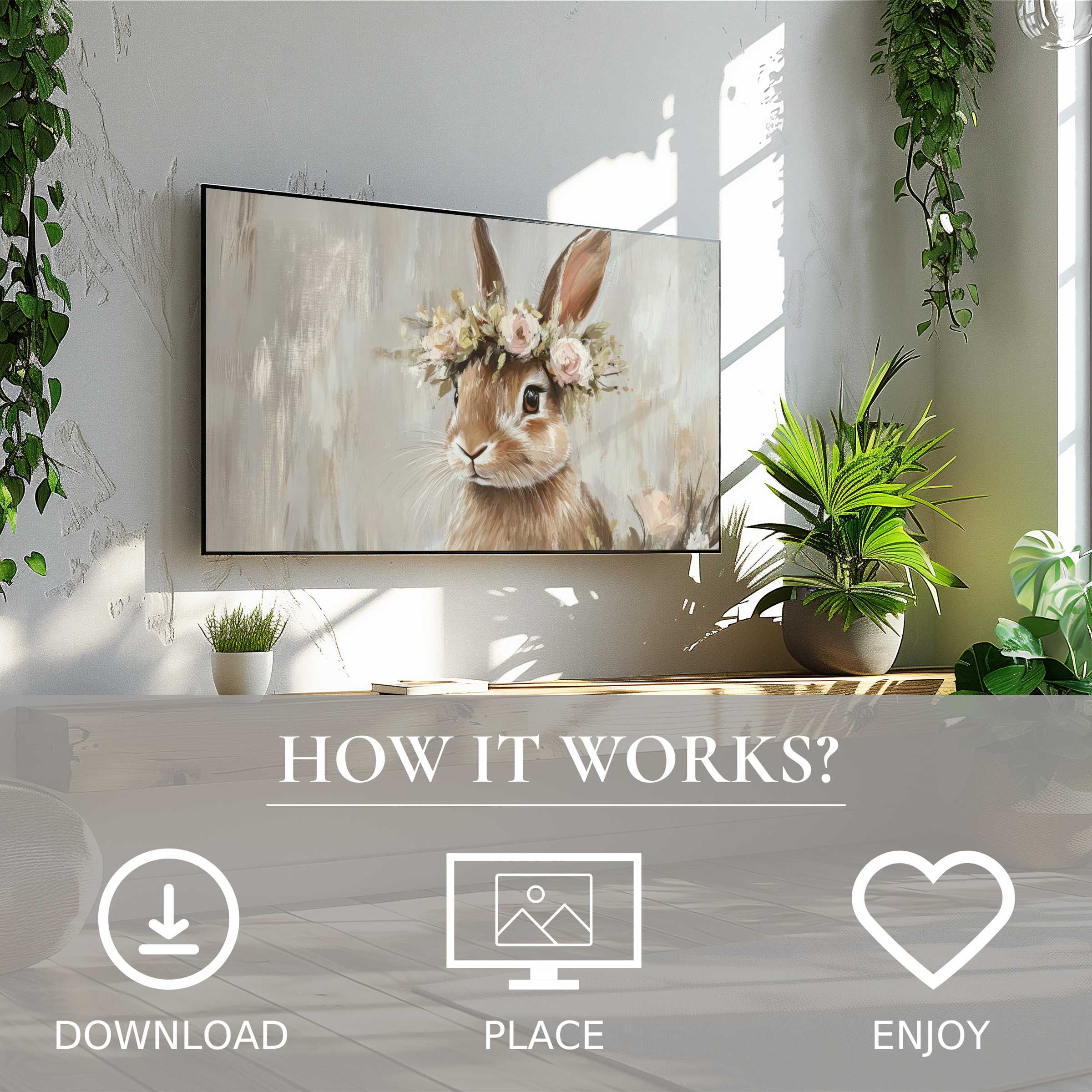 Easter art for Samsung TV showing soft beige tones and floral bunny motif, easy digital download enriches any modern space
