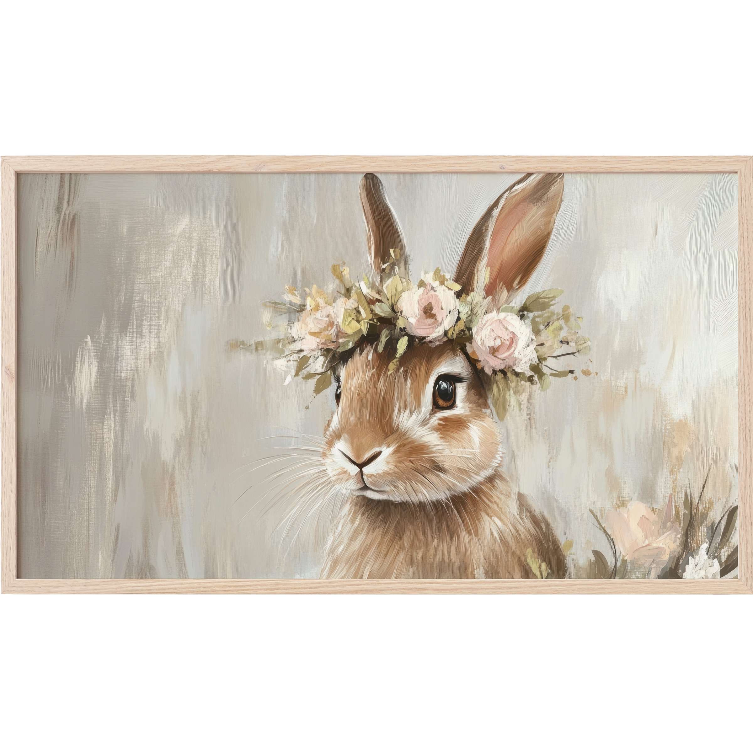 Elegant pastel-toned rabbit portrait with floral crown in soft brushstrokes, perfect easter Frame TV Art