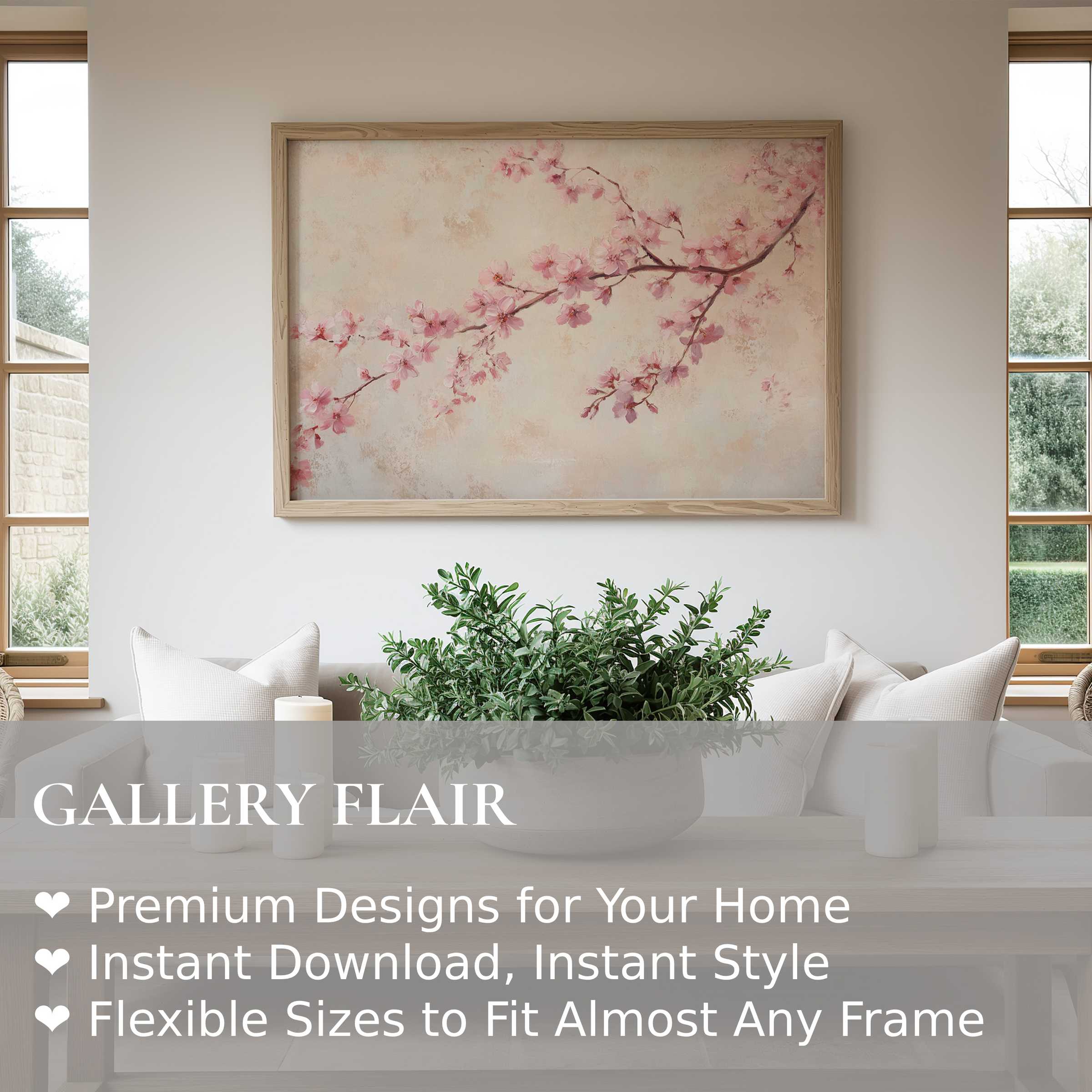 Soft, calming floral wall art print featuring delicate pink blossoms on a muted background, enhancing serene modern living spaces