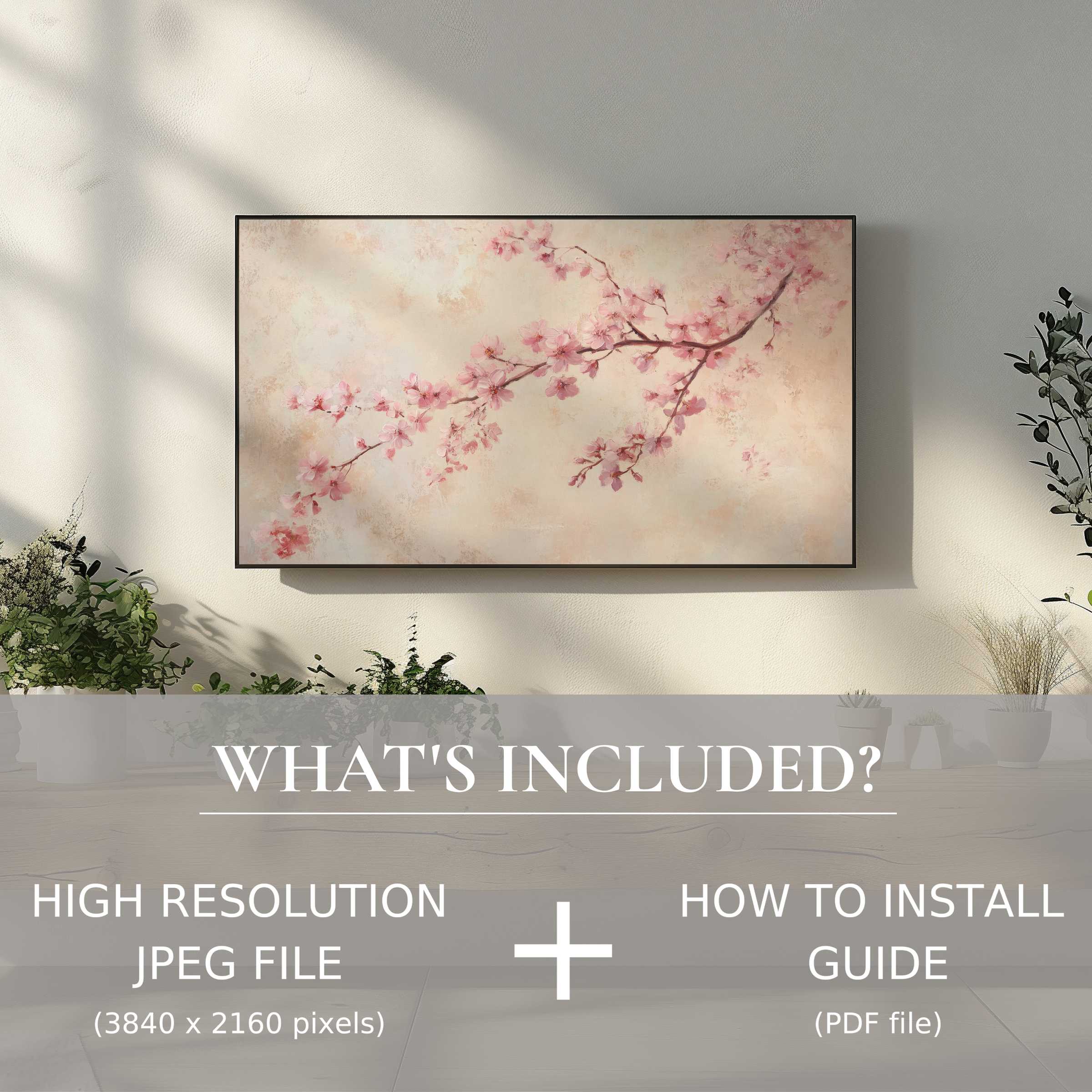 Elegant living room with floral digital TV art download, easy use, and how it elevates your modern home decor