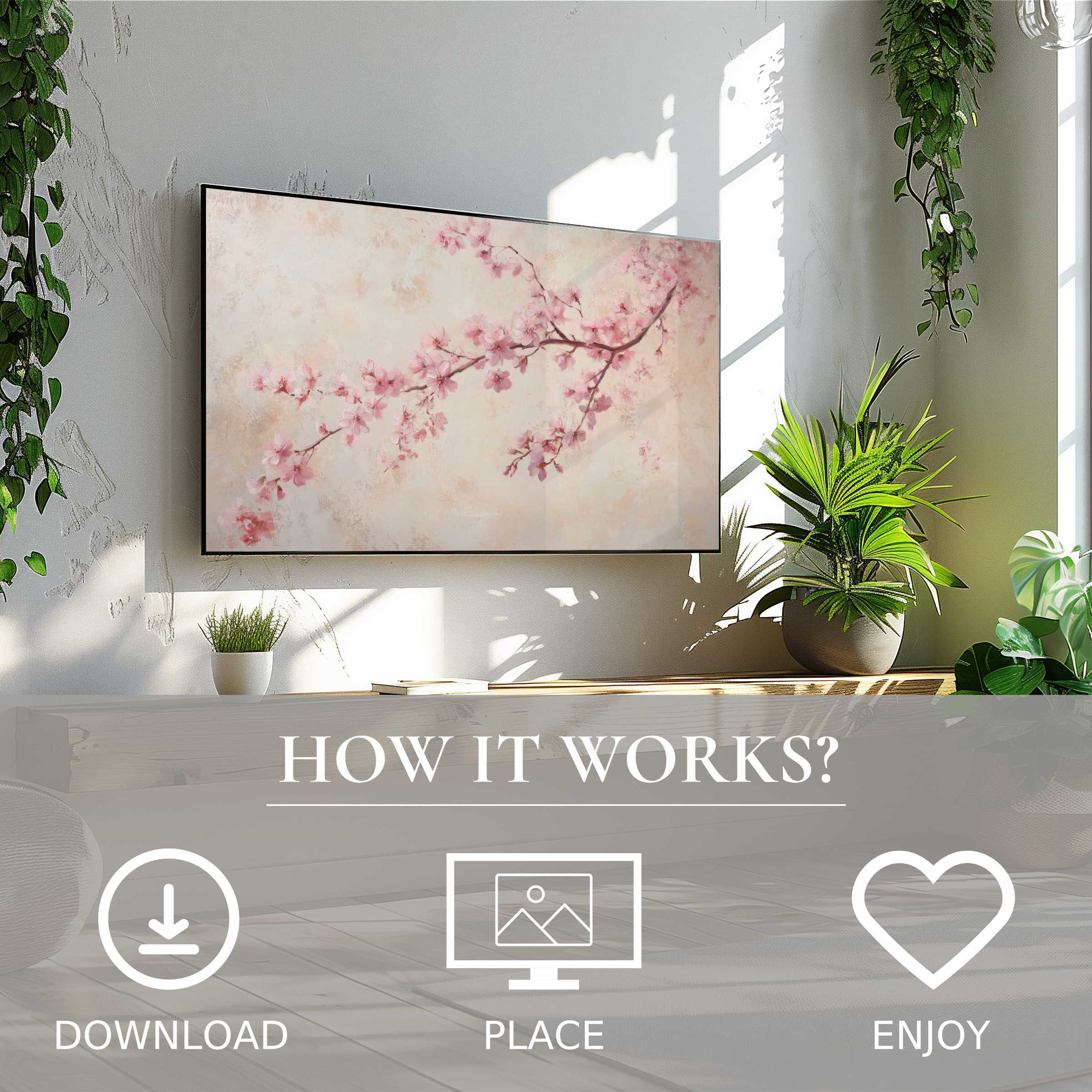 Floral art for Samsung TV with soft pink blossoms; easy digital download enriches modern, plant-filled living spaces