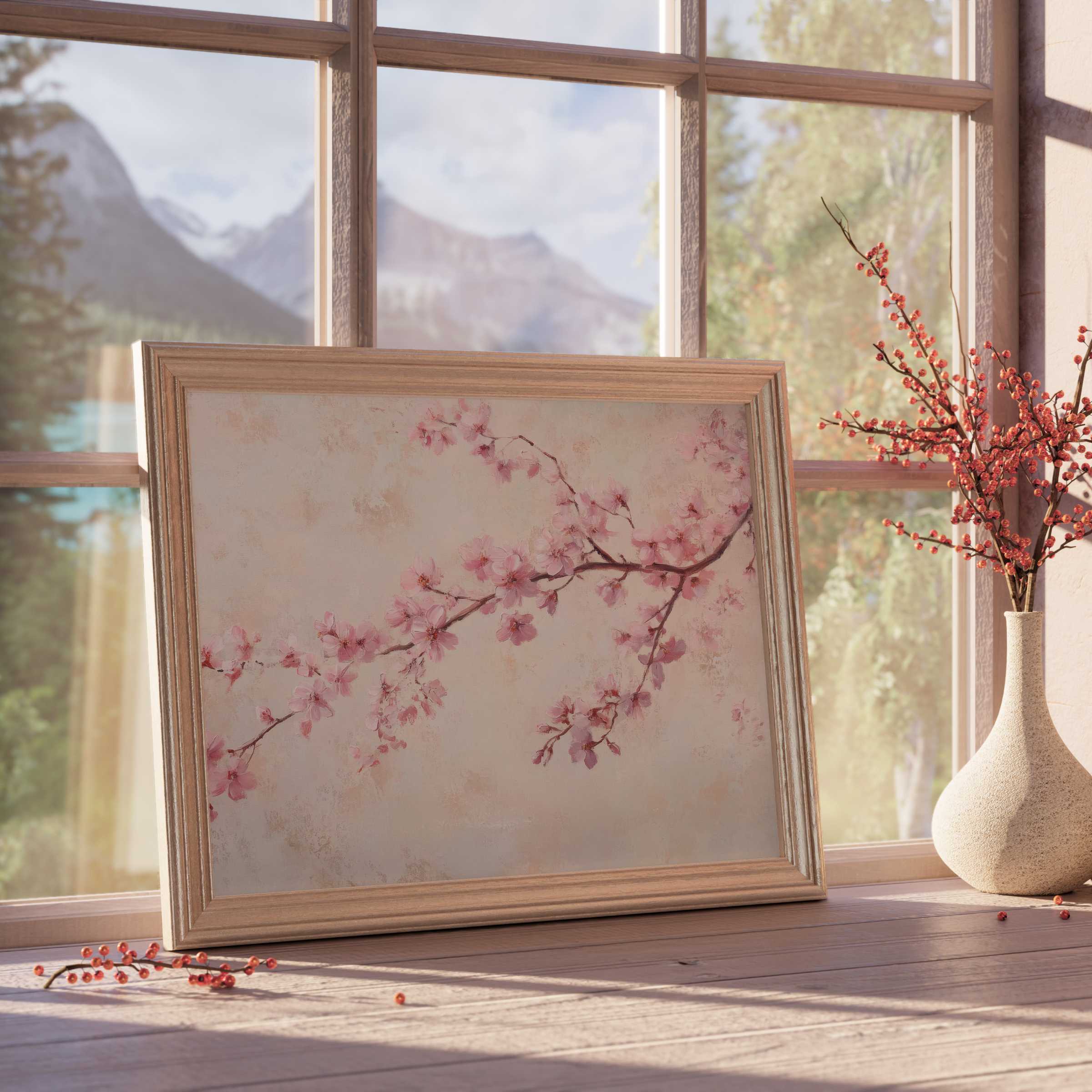 Floral downloadable art featuring delicate cherry blossoms in soft pink, enriching serene, design-forward interiors with timeless elegance