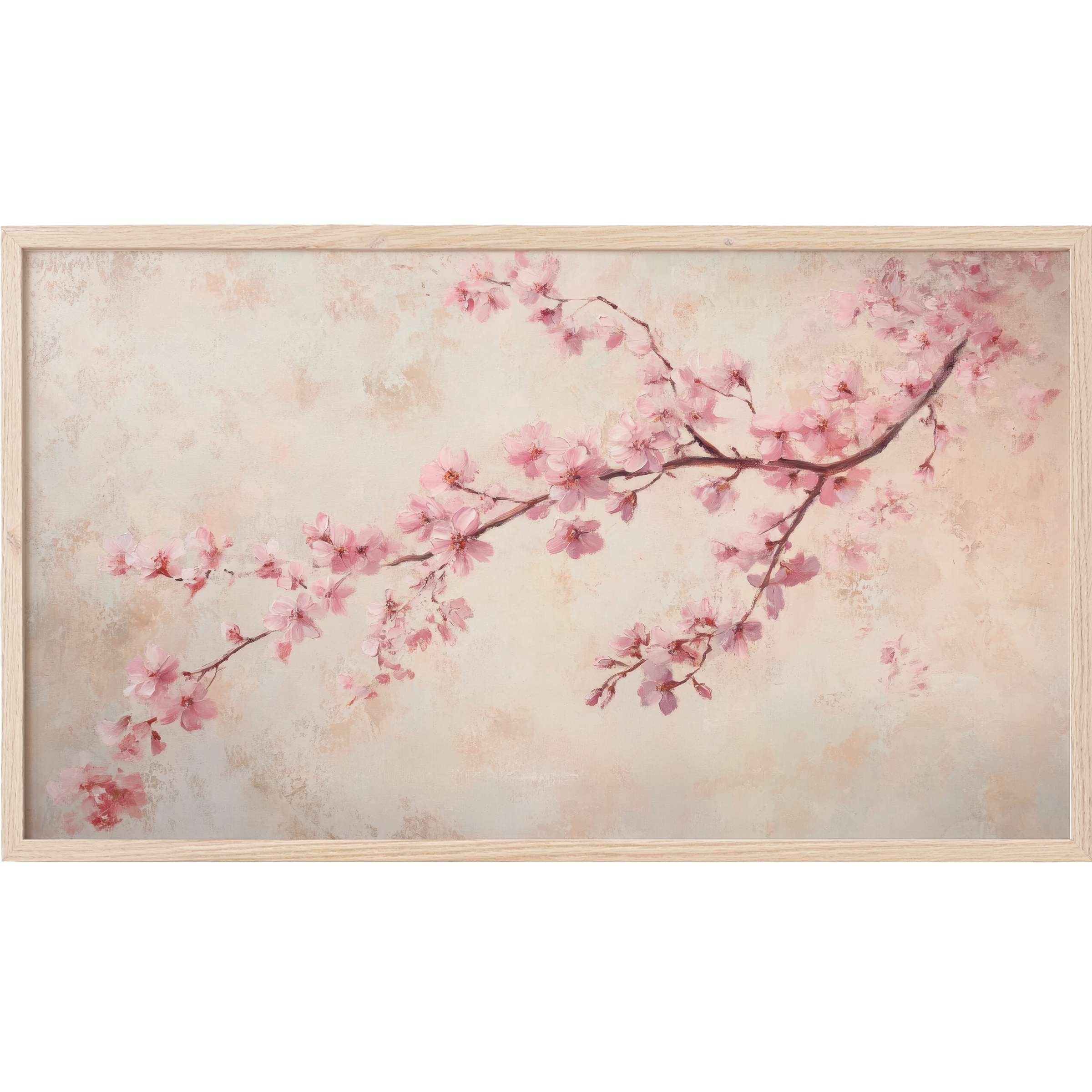 Elegant watercolor of soft pink blossoms on delicate branches against a muted beige backdrop, Floral Frame TV Art