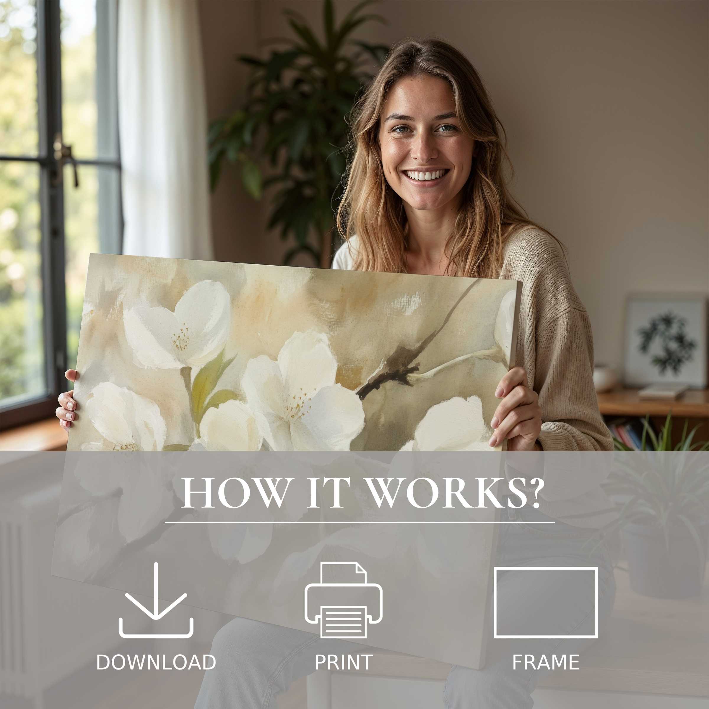 Bright spring digital art print radiates warmth and joy as a woman embraces timeless beauty in her chic, sunlit home