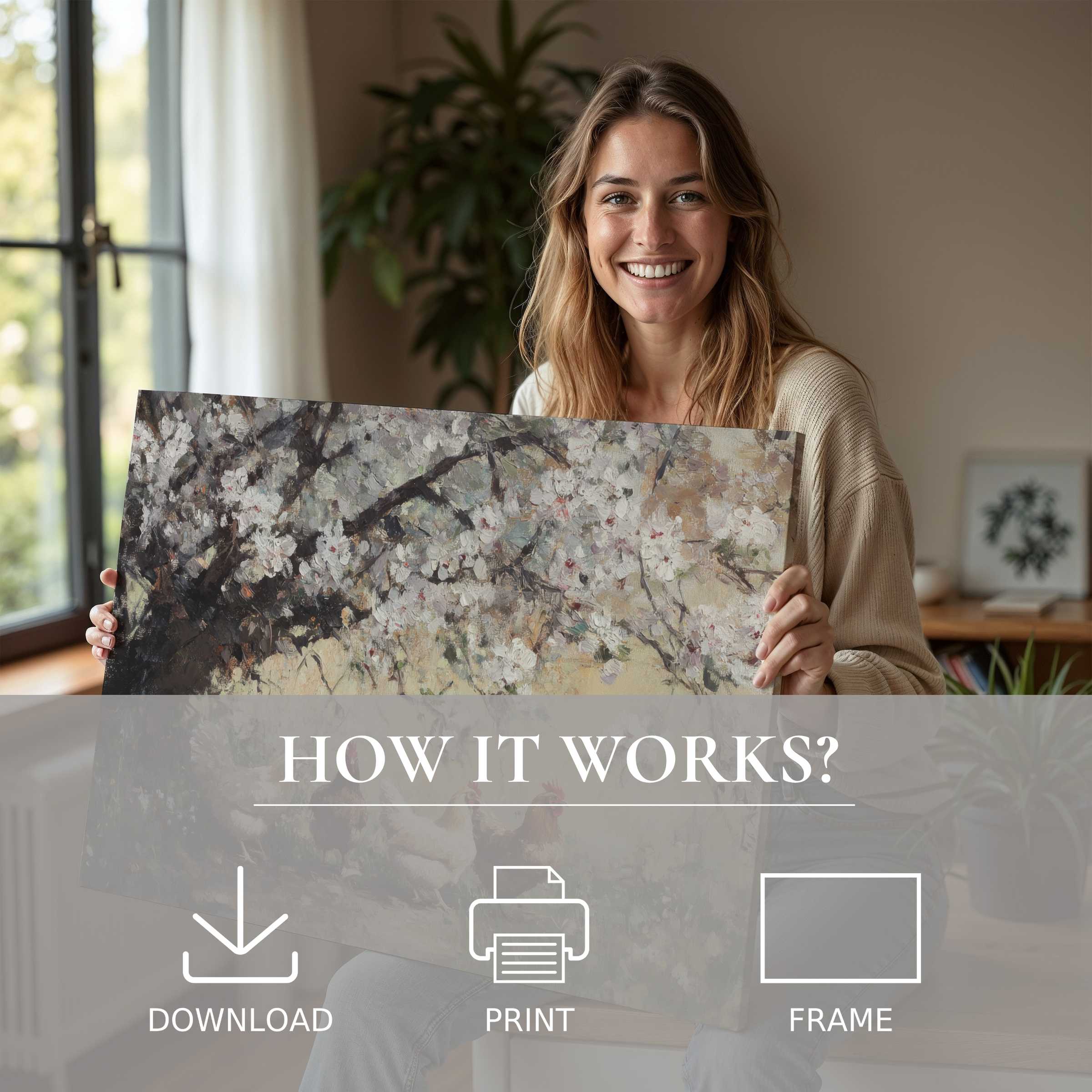 A serene moment of joy as a woman reveals a farmhouse digital art print in soft, natural tones, elevating a modern home with effortless elegance