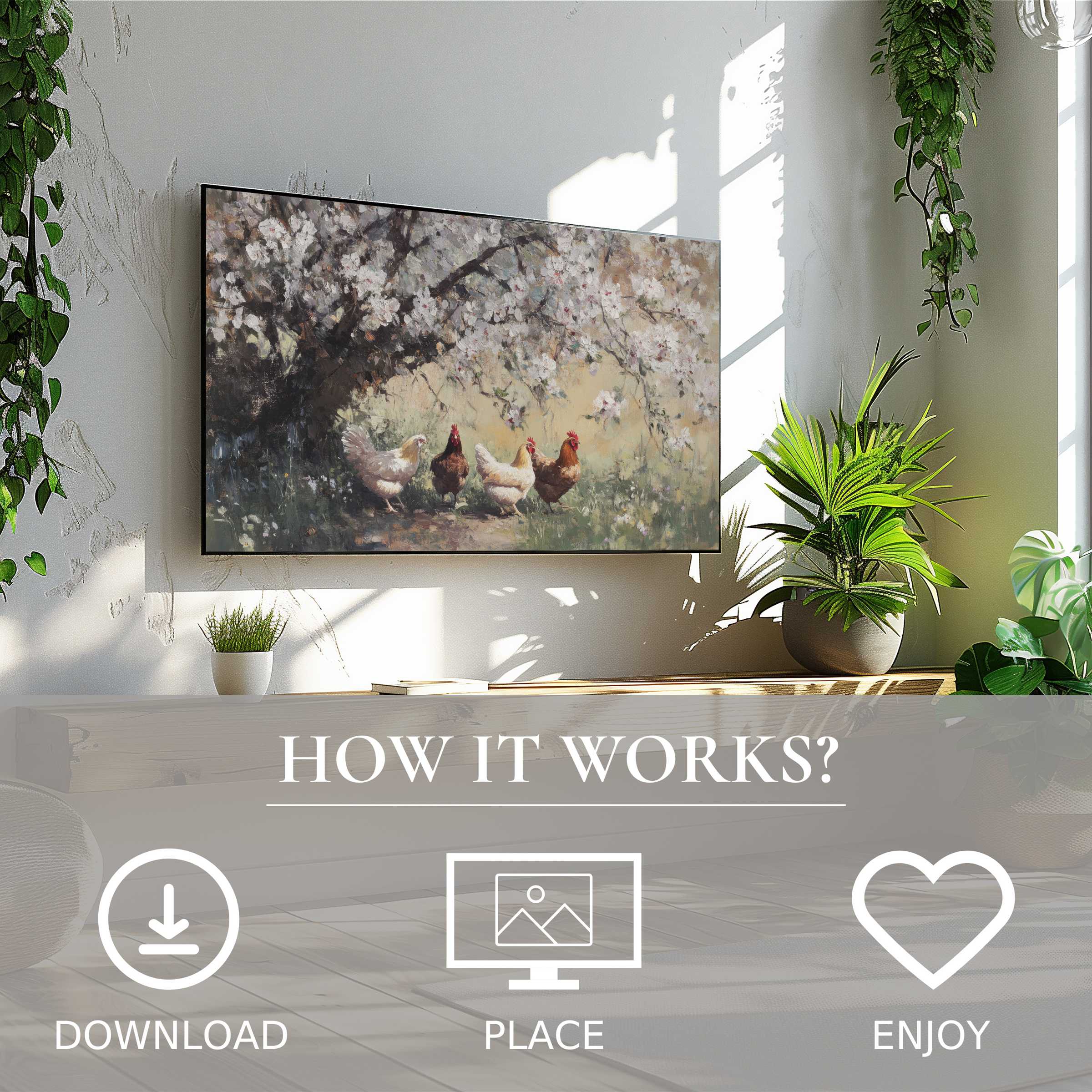 Cozy living room with farmhouse art for Samsung TV, soft floral motif, easy digital download enriches space