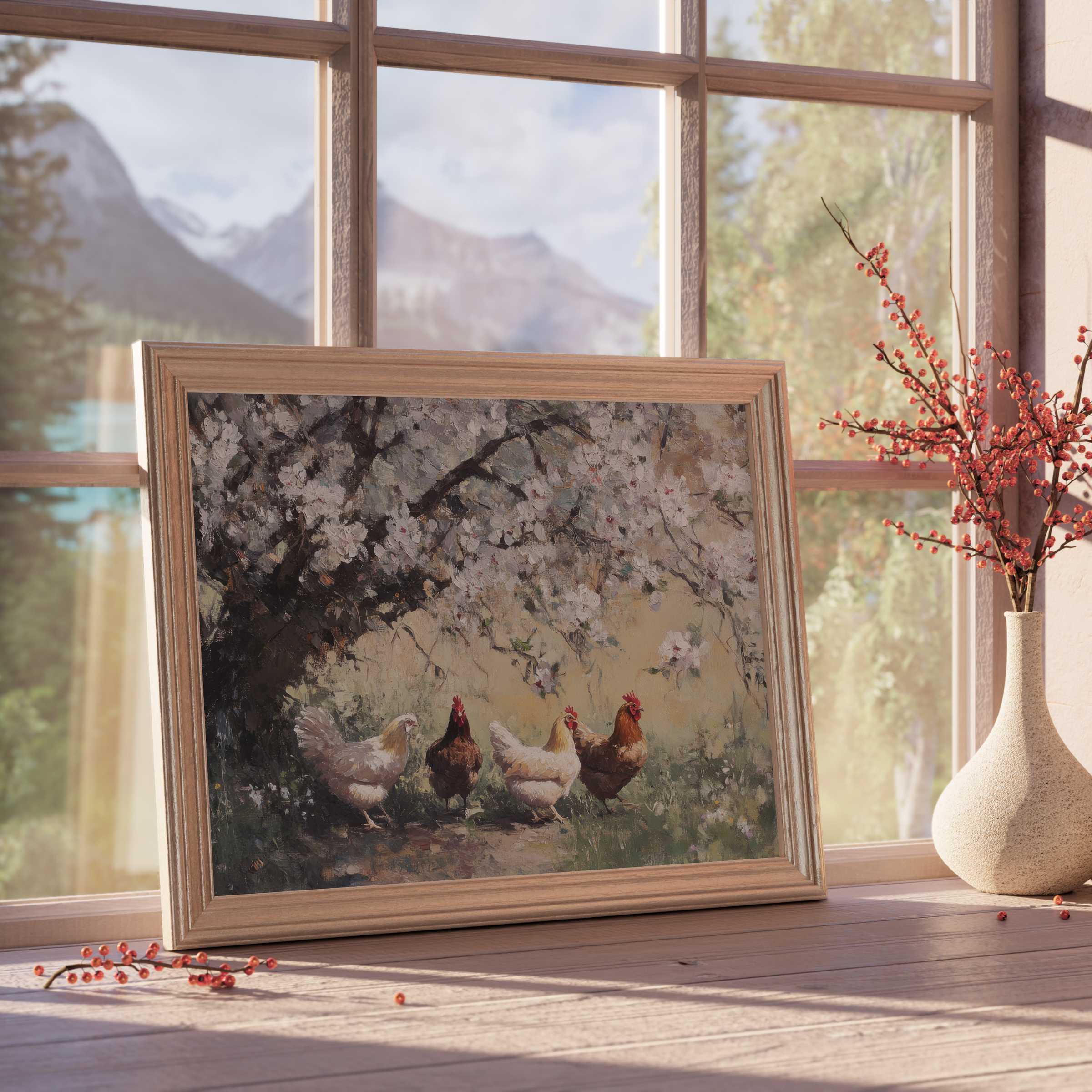 Farmhouse downloadable art capturing serene springtime hens beneath blooming branches, enriching refined rustic and country decor with warmth