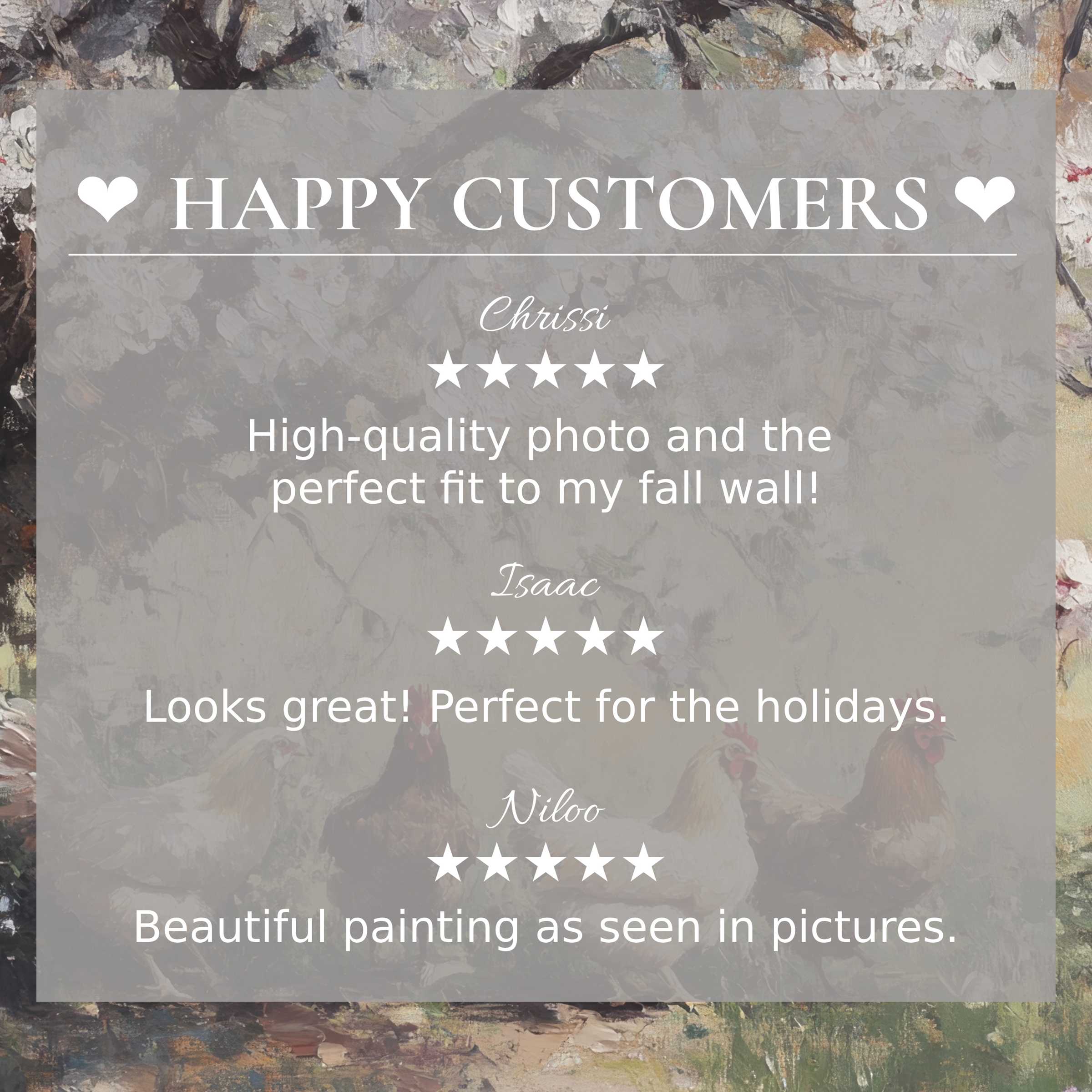 Farmhouse art for Frame TV with abstract tones, showcasing happy customer reviews and an elegant, trustworthy layout