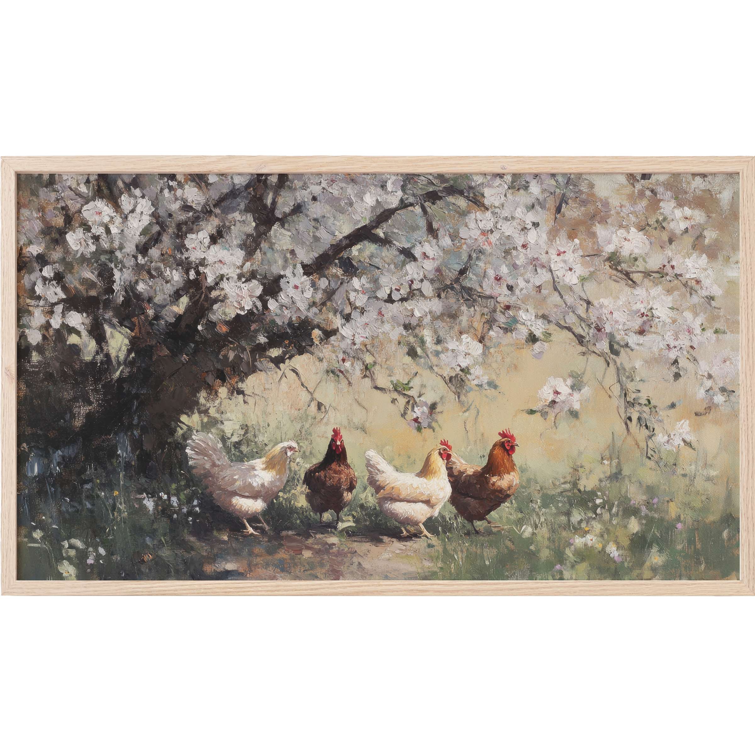 Farmhouse Frame TV Art with soft pastel blossoms and rustic chickens in an impressionist, elegant countryside scene
