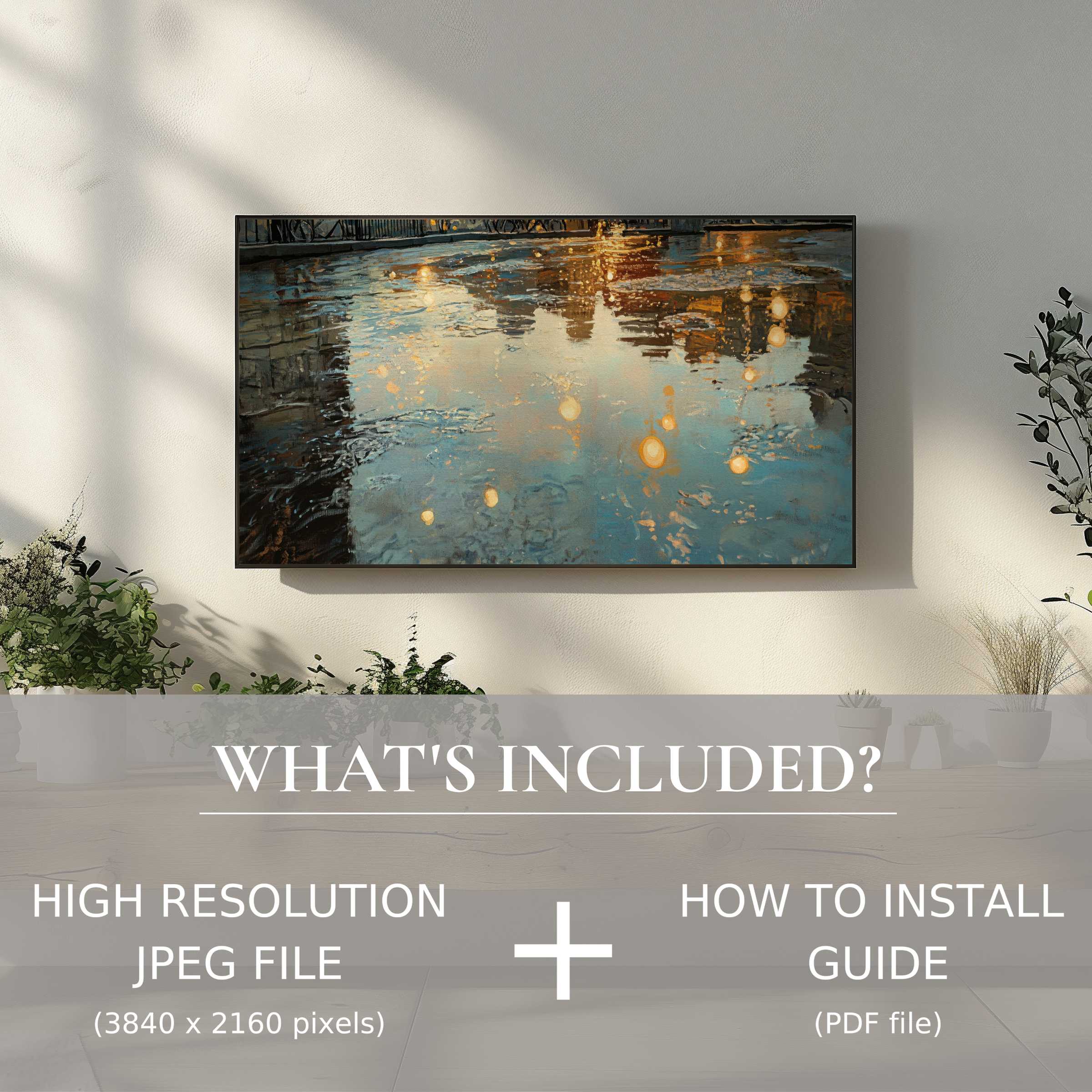 Elegant urban digital TV art download reflecting city lights, enhances living spaces with easy digital use and modern charm