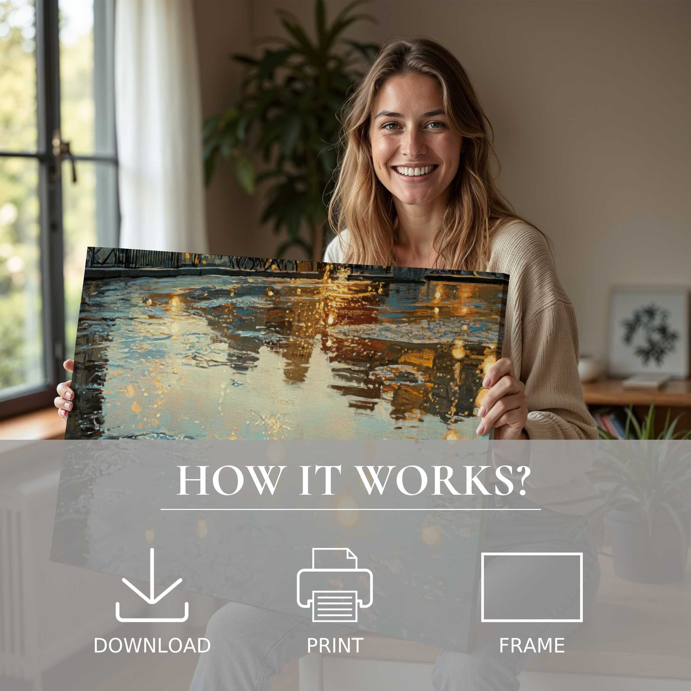 Joyful woman in a serene modern home embracing an urban digital art print, reimagining space with effortless elegance