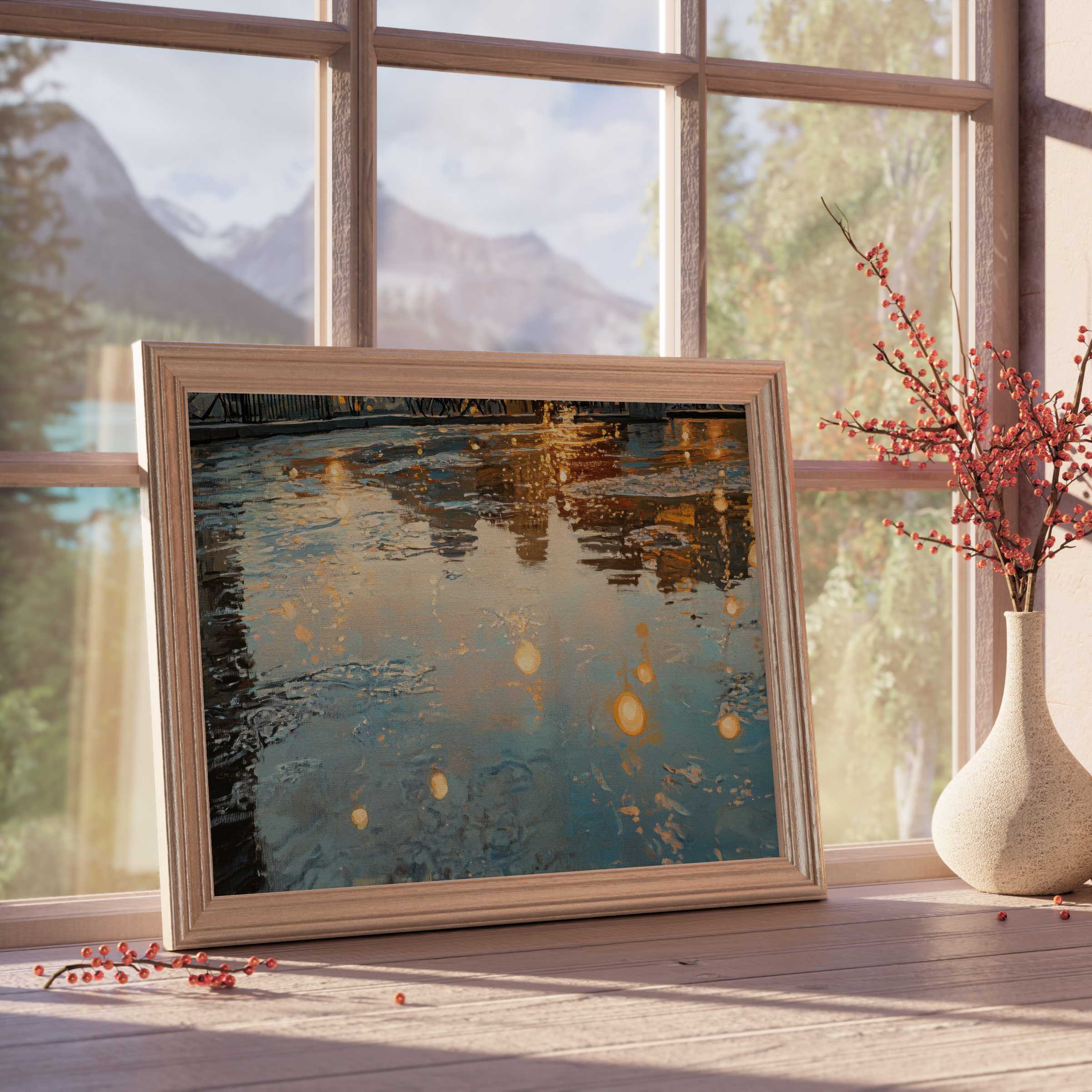 Urban downloadable art capturing serene city light reflections in warm hues, enhancing elegant, tranquil, design-forward living spaces