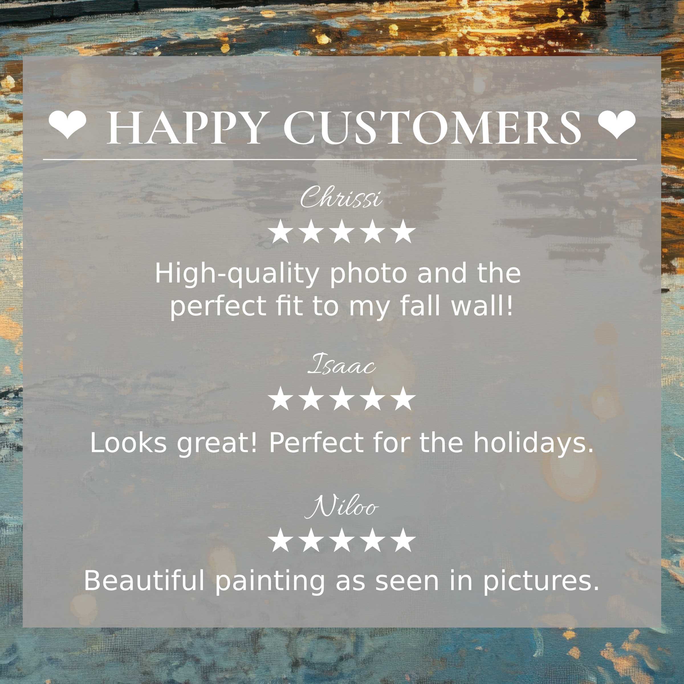 Urban art for Frame TV with abstract sunset tones, showcasing happy customer reviews and elegant design trust