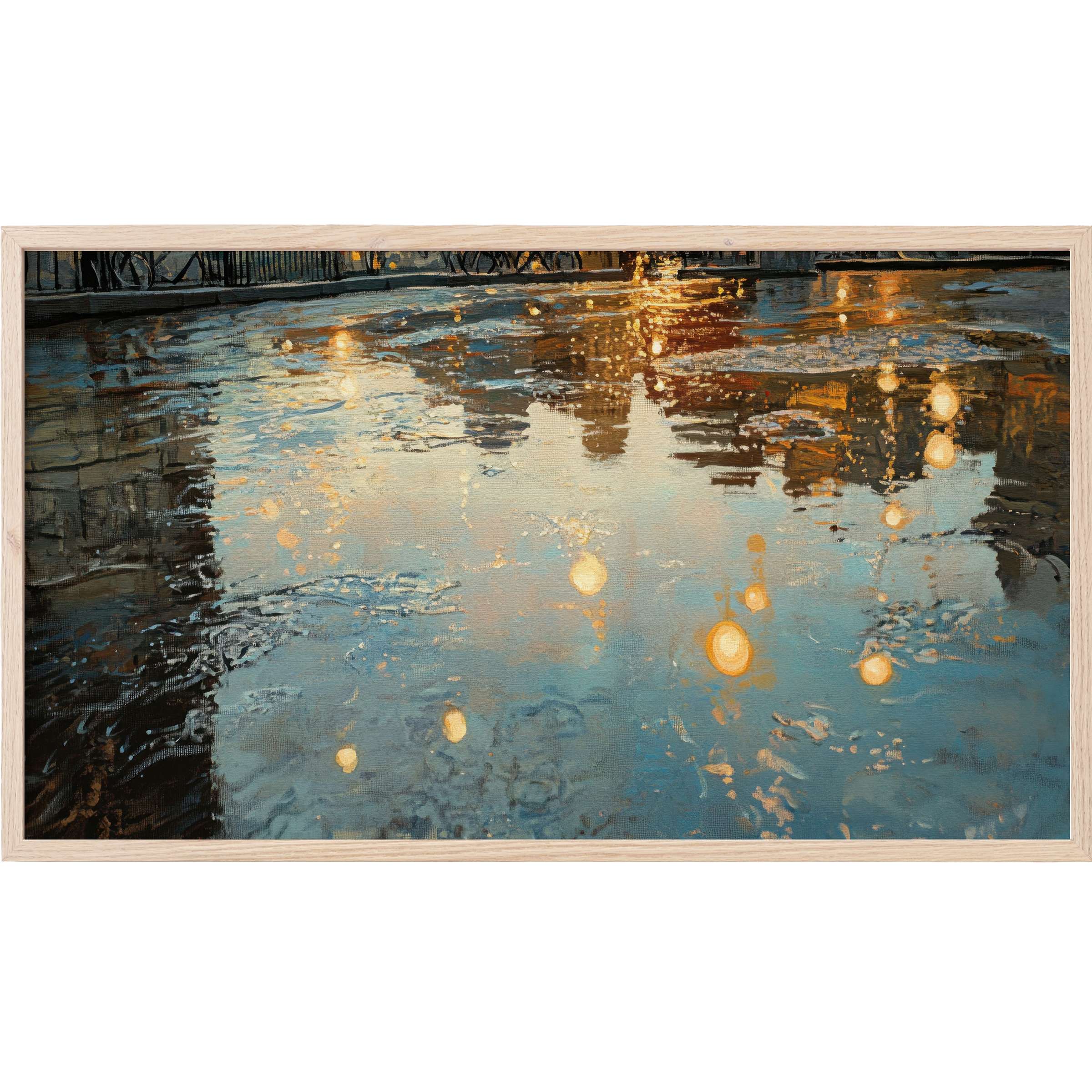 Elegant urban Frame TV Art capturing a shimmering water reflection in muted blues and warm gold tones
