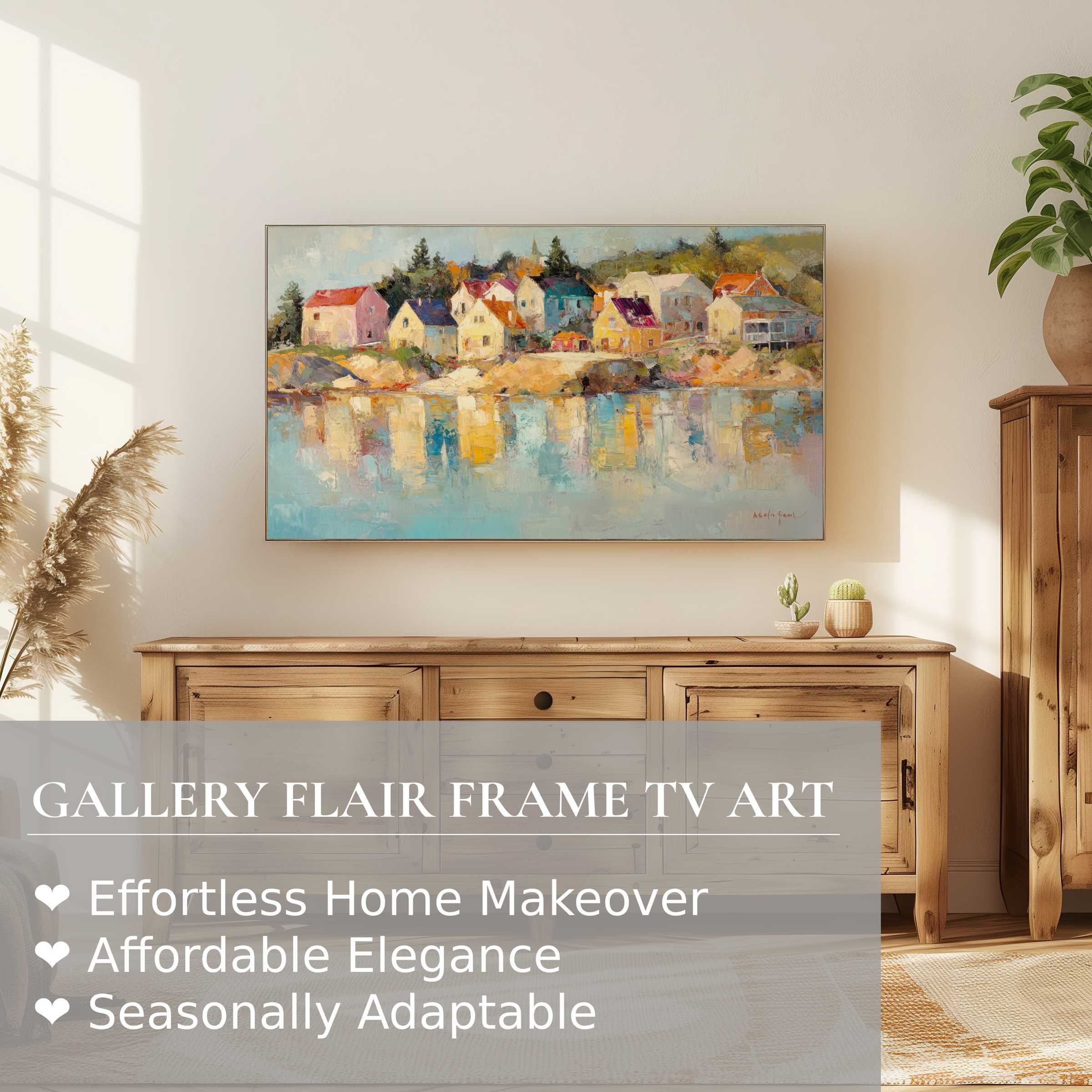 Modern coastal digital artwork on Samsung Frame TV showcasing a serene village reflection in a chic living space