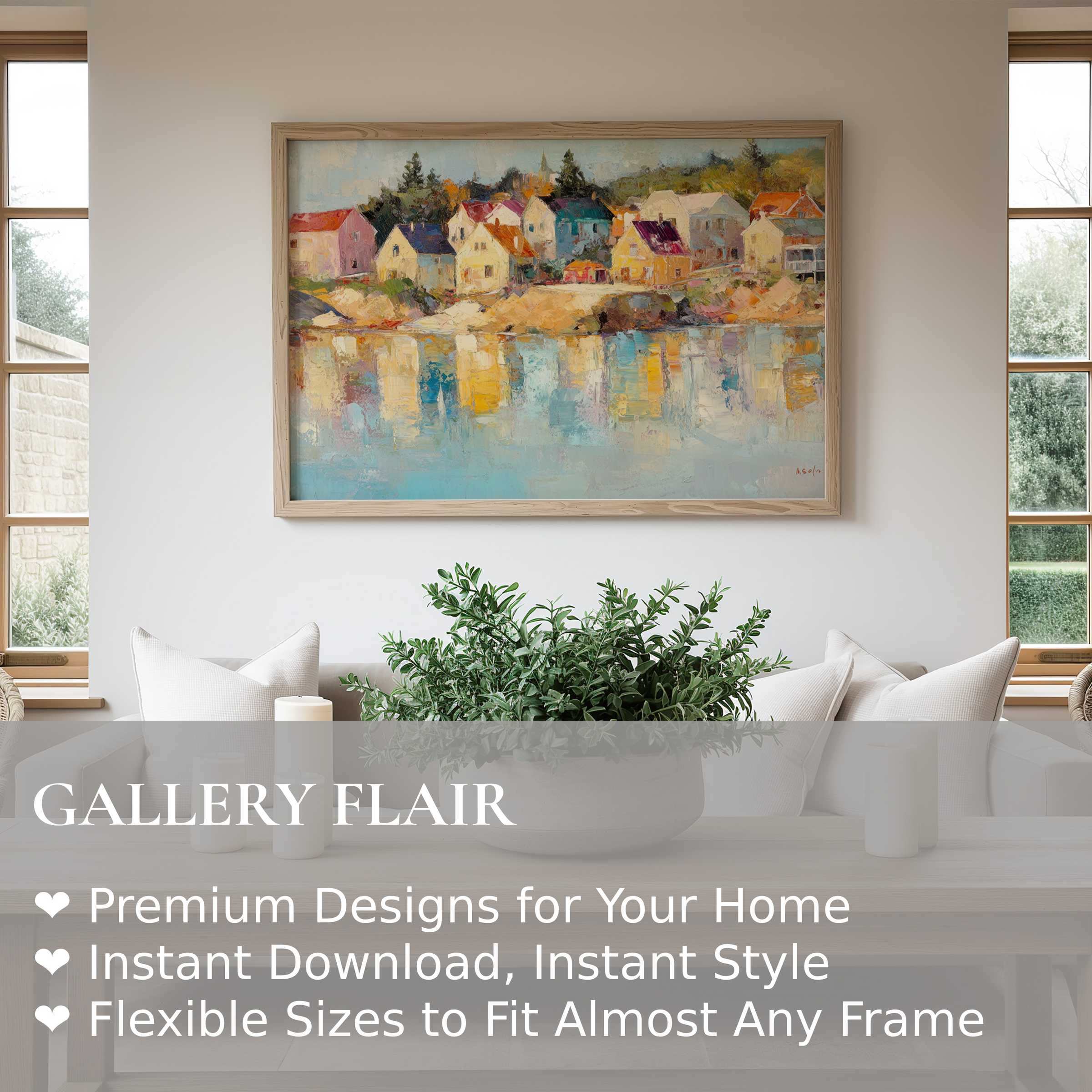 Coastal wall art print capturing a serene harbor town with soft reflections, enhancing modern minimalist interiors with calming, radiant charm