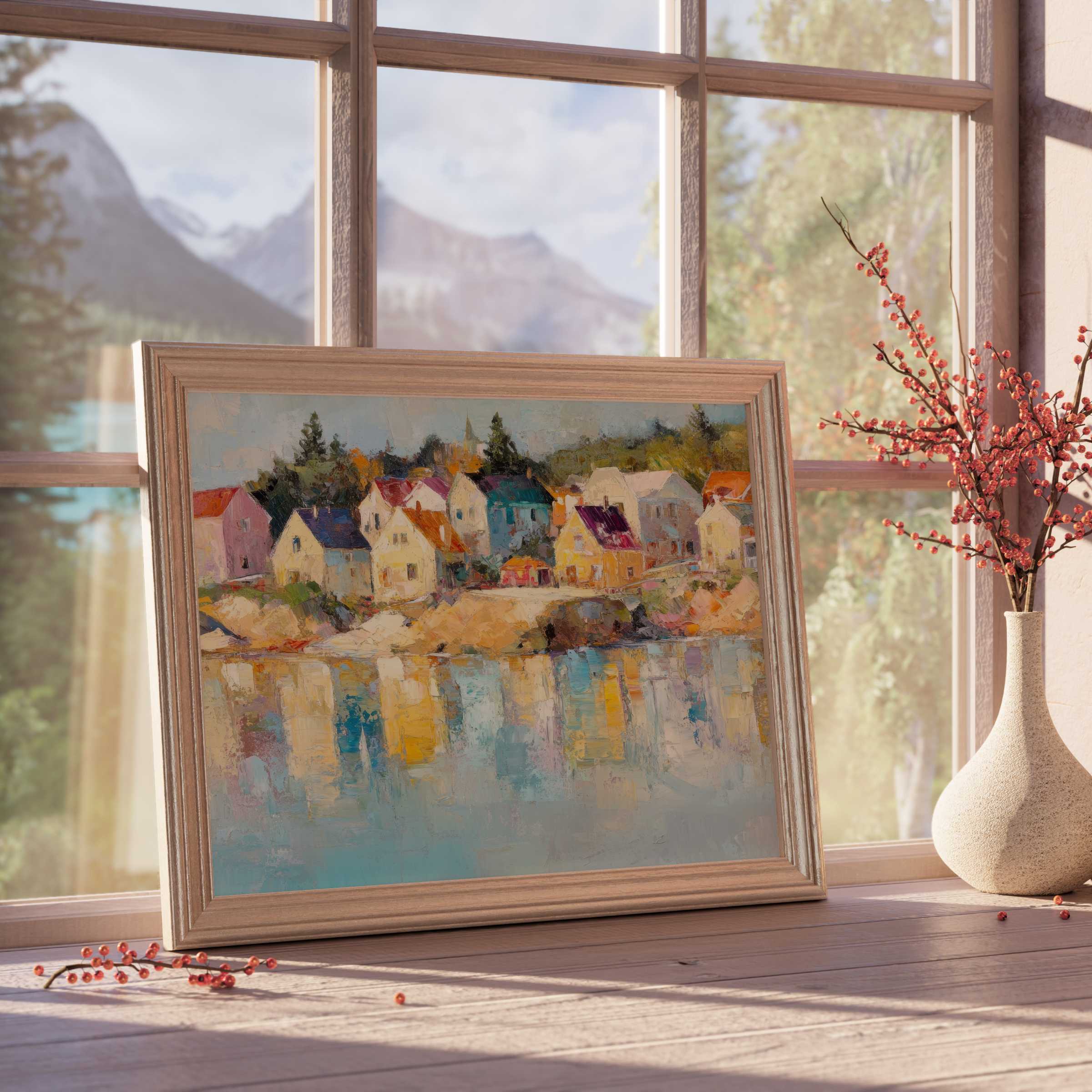 Coastal downloadable art capturing serene village reflections, infusing tranquil, curated interiors with vibrant coastal charm