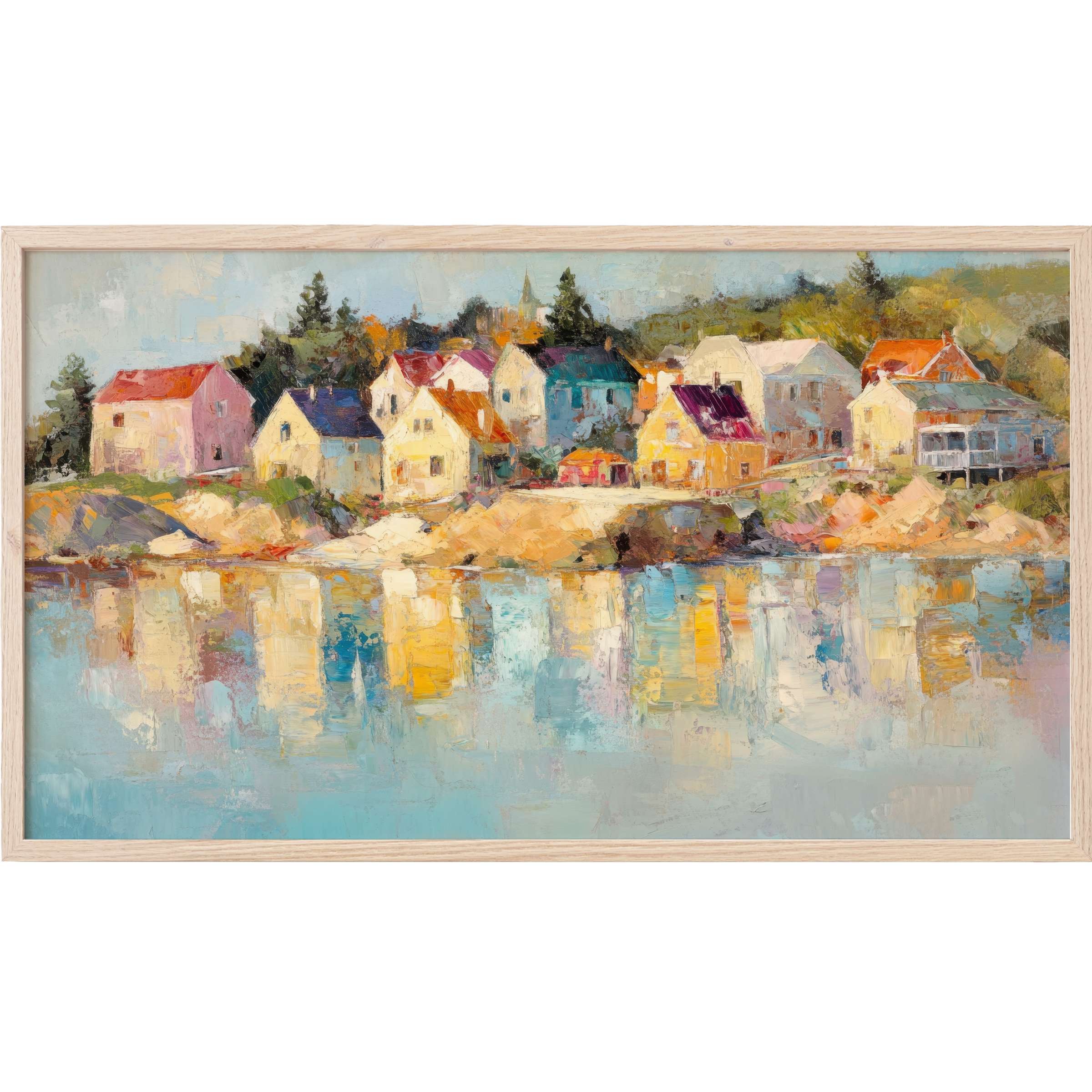 Coastal village scene with soft pastel hues and textured brushstrokes, perfect coastal Frame TV Art for serene decor