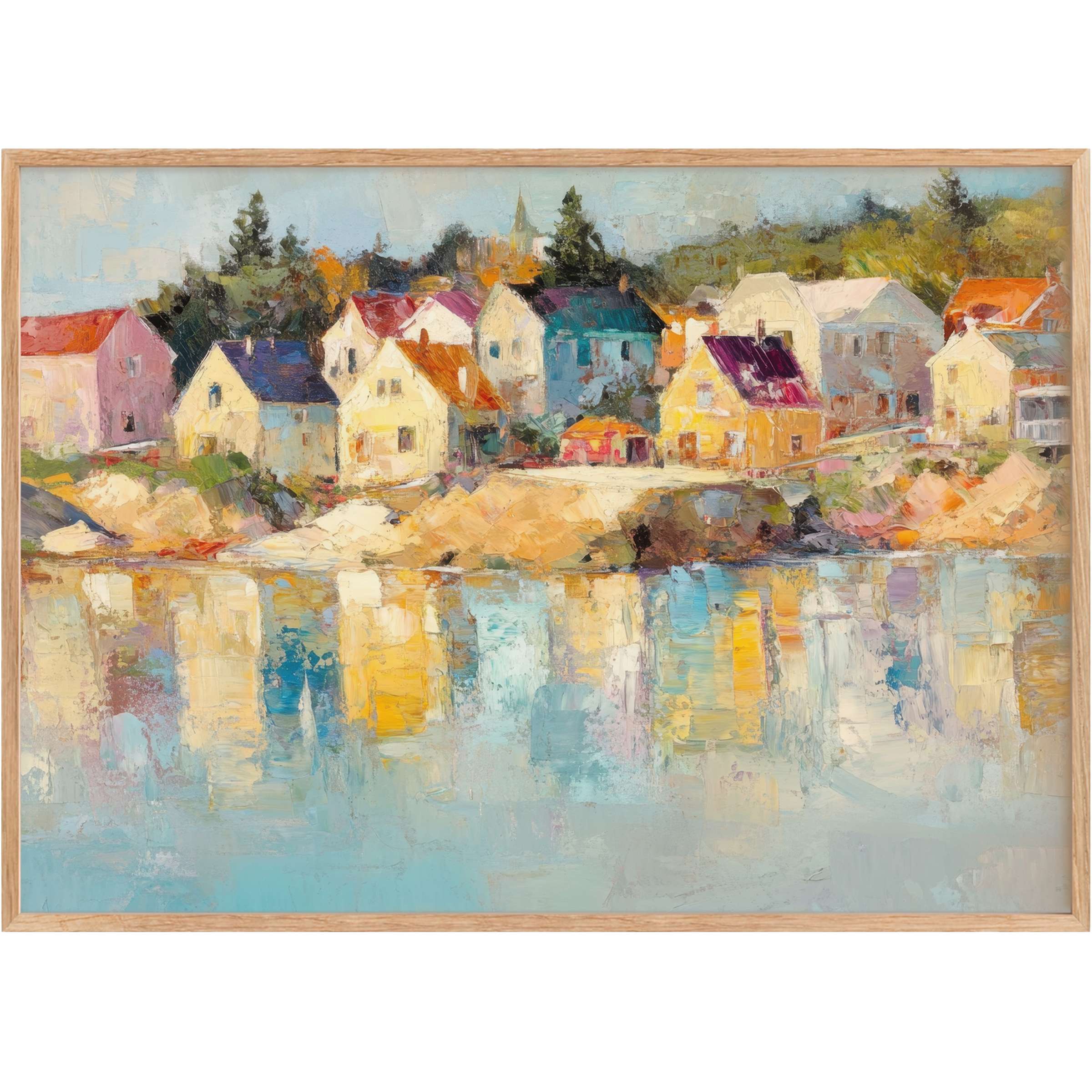 Coastal printable wall art featuring sunlit seaside cottages in warm ochres and soft blues, evoking a serene, inviting ambiance