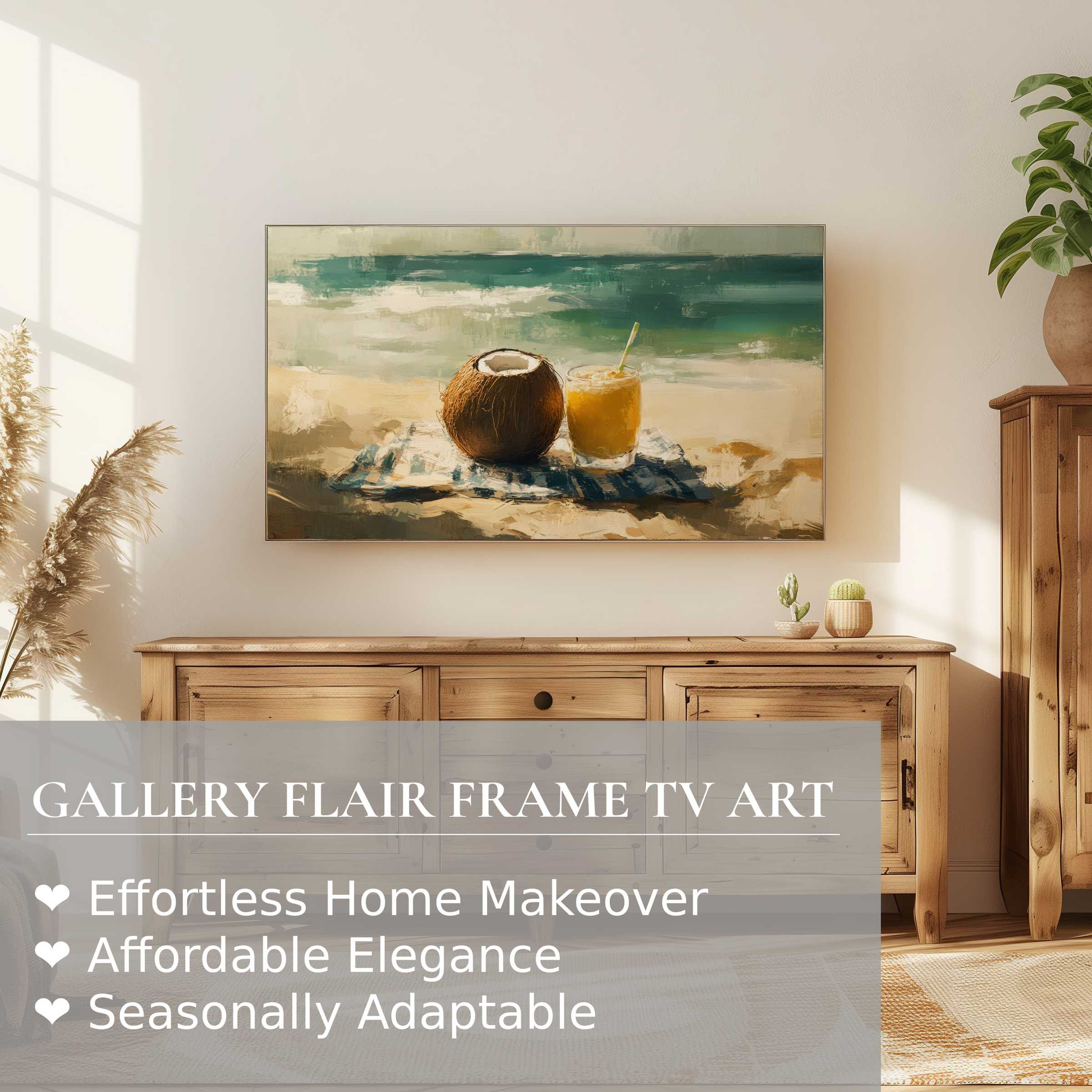 Samsung Frame TV displaying elegant beach digital artwork with serene coastal tones in a modern living setting