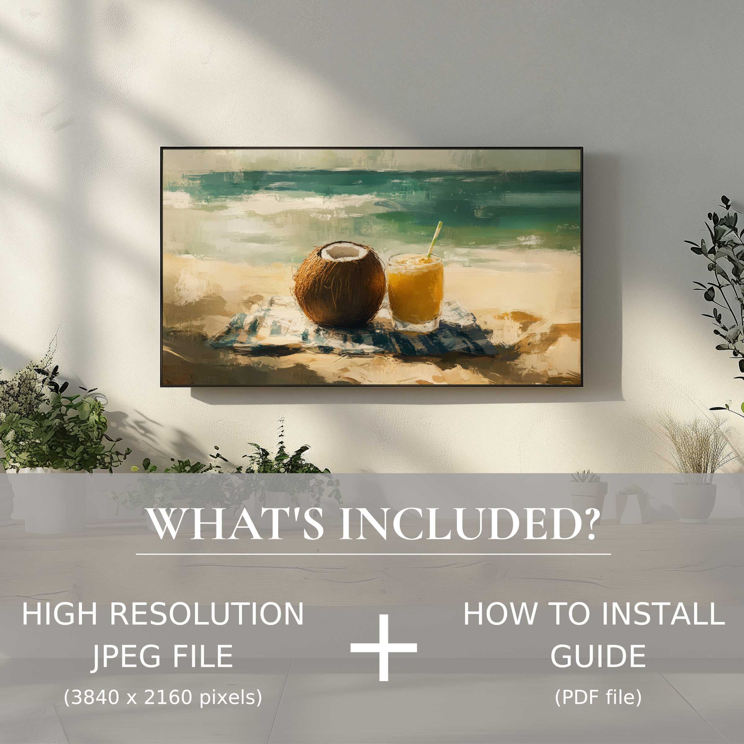 Elegant beach digital TV art download featuring tropical vibes, easy digital use enhances modern living spaces