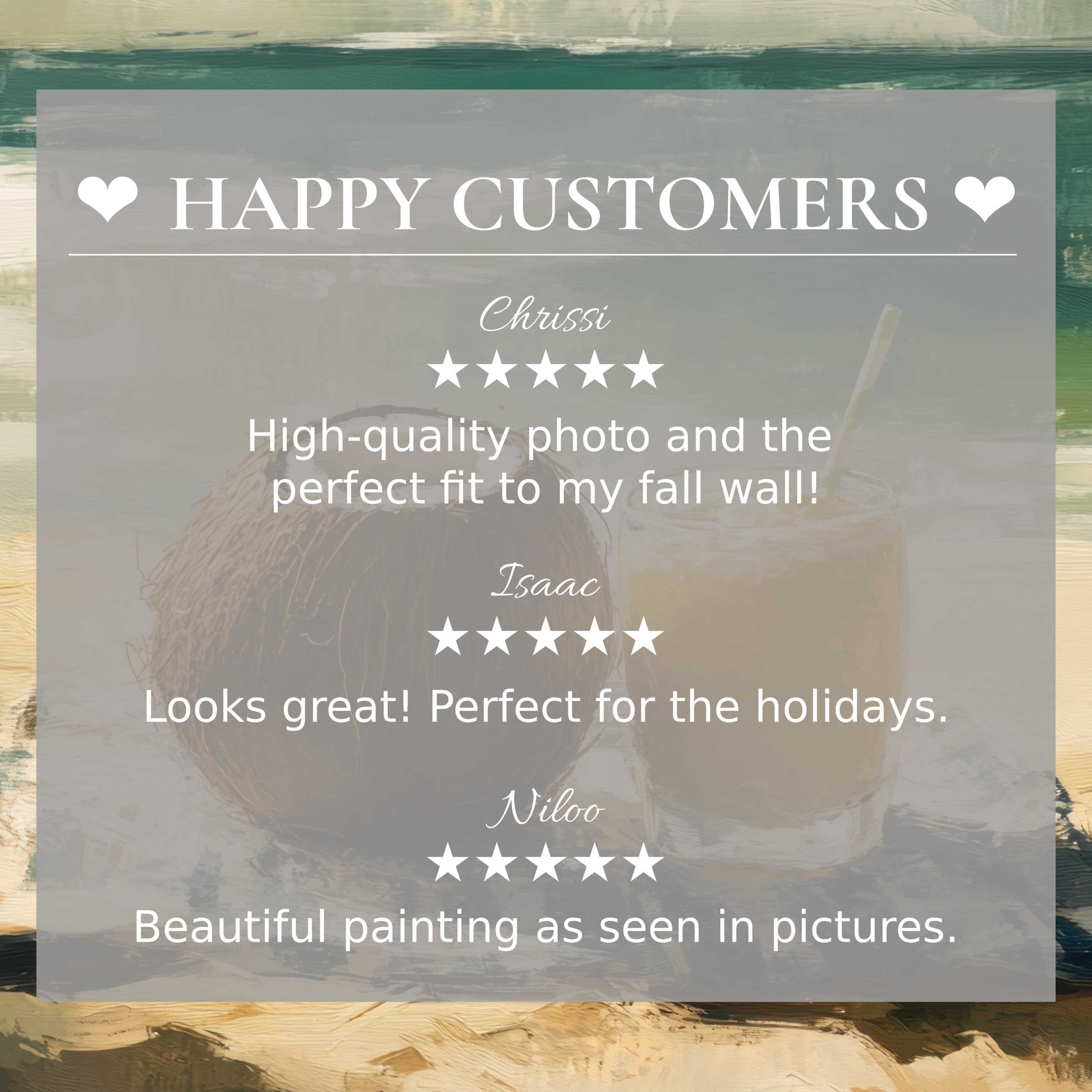 Beach art for Frame TV with abstract sunset tones, happy customer reviews highlighting trust and elegant style
