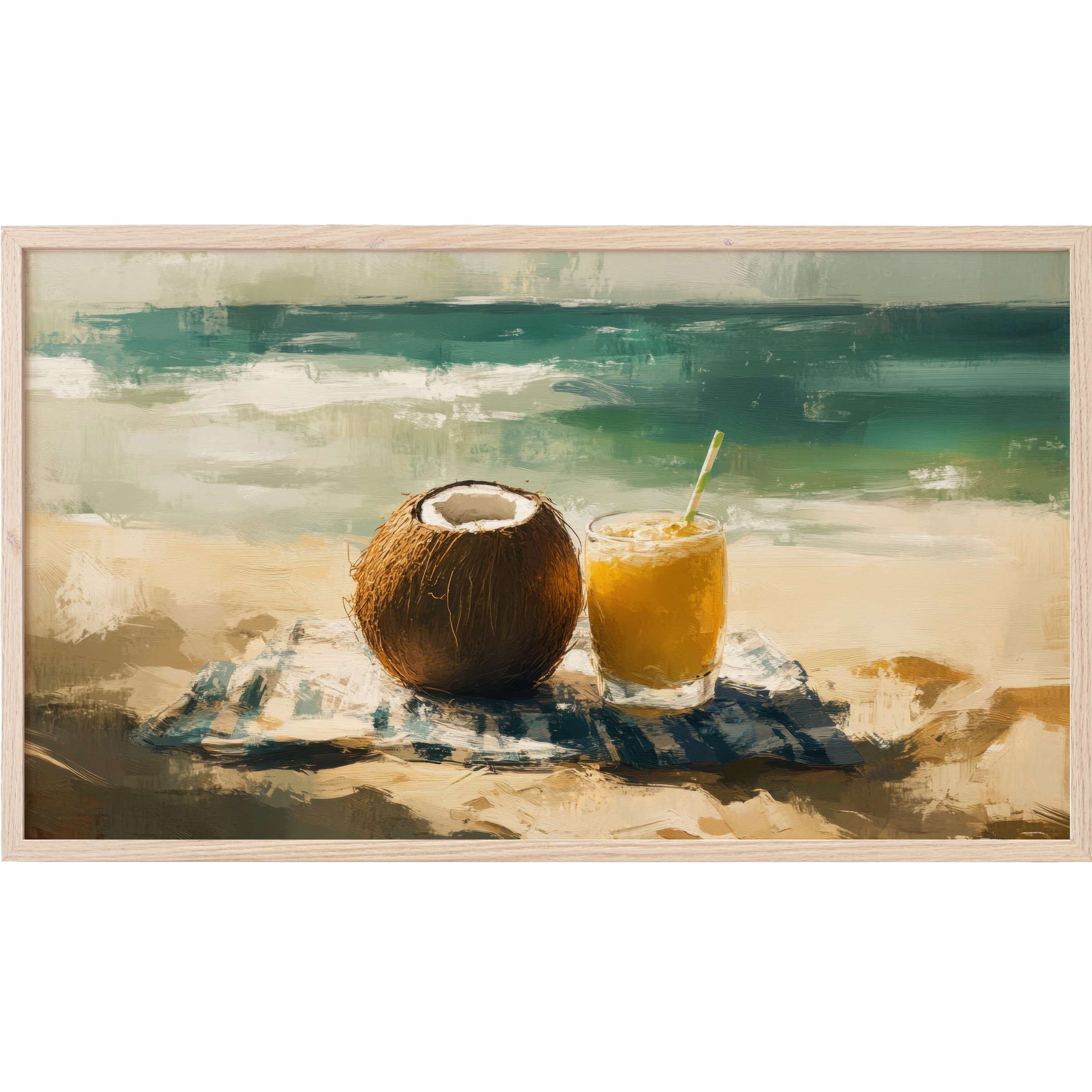 Serene beach Frame TV Art featuring textured brushstrokes, soft sand, turquoise waves, and a refreshing tropical drink
