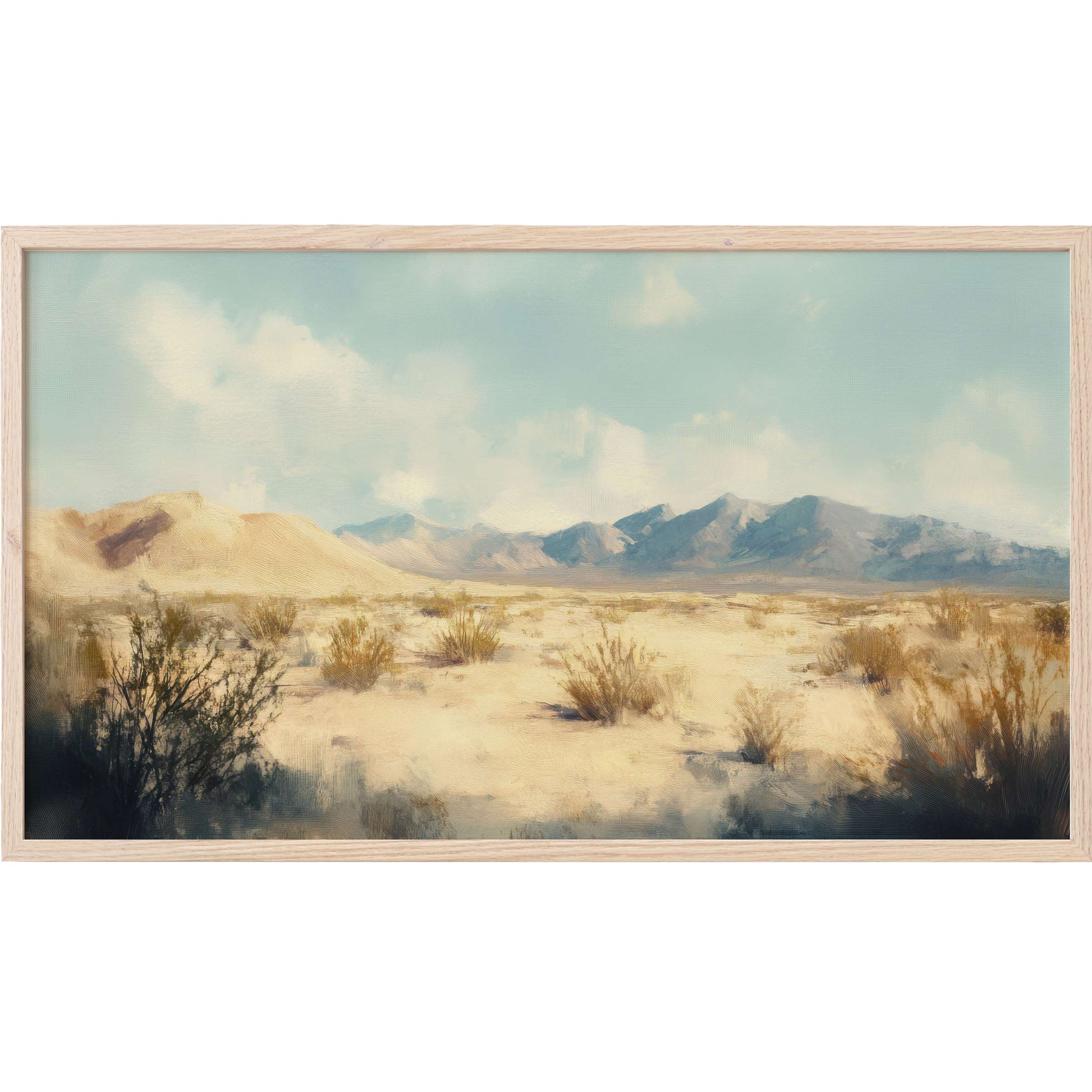 Serene desert vista in soft beige and blue hues, captured in elegant landscape Frame TV Art with a modern touch