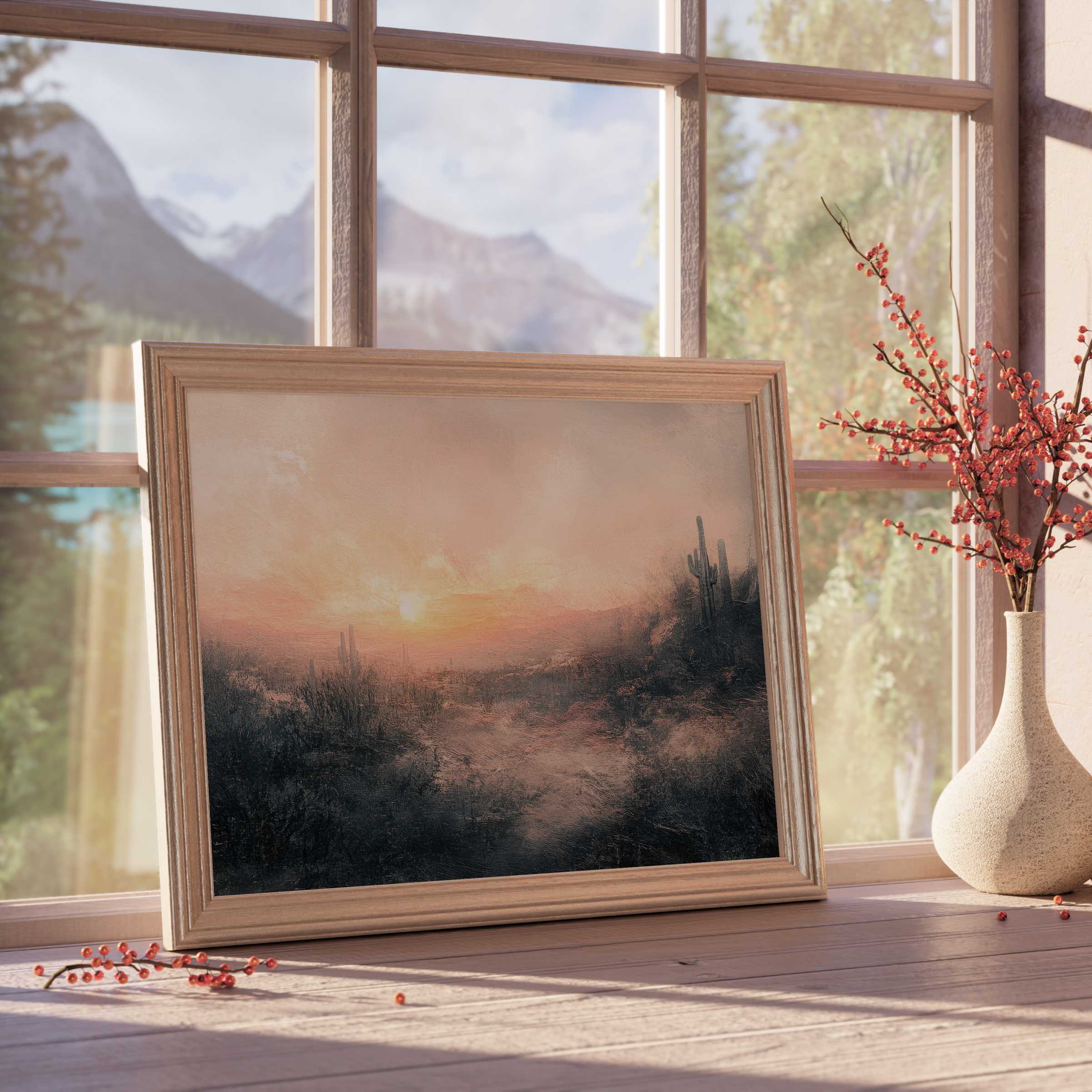 Vintage downloadable art capturing a warm desert sunset, evoking tranquil, curated interiors with elegant rustic charm and serene landscape vibes