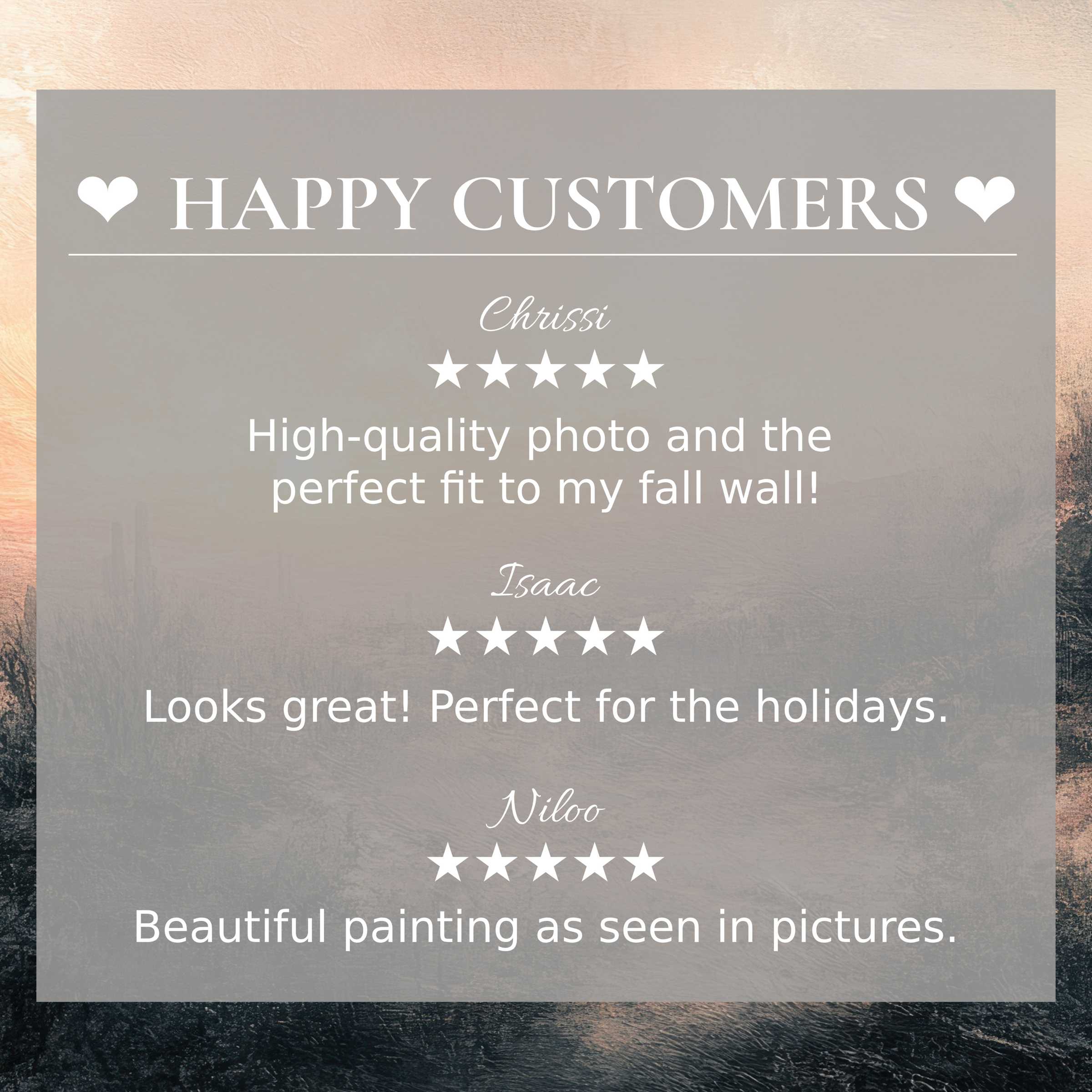 Vintage art for Frame TV with abstract sunset hues, showcasing happy customer reviews and elegant trust-building design