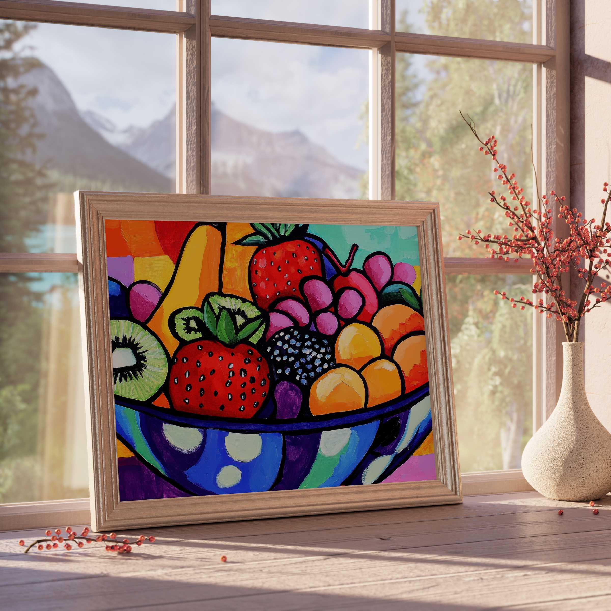 Vibrant pop art downloadable art featuring lush fruit in a bold palette, enriching refined interiors with joyful, curated warmth
