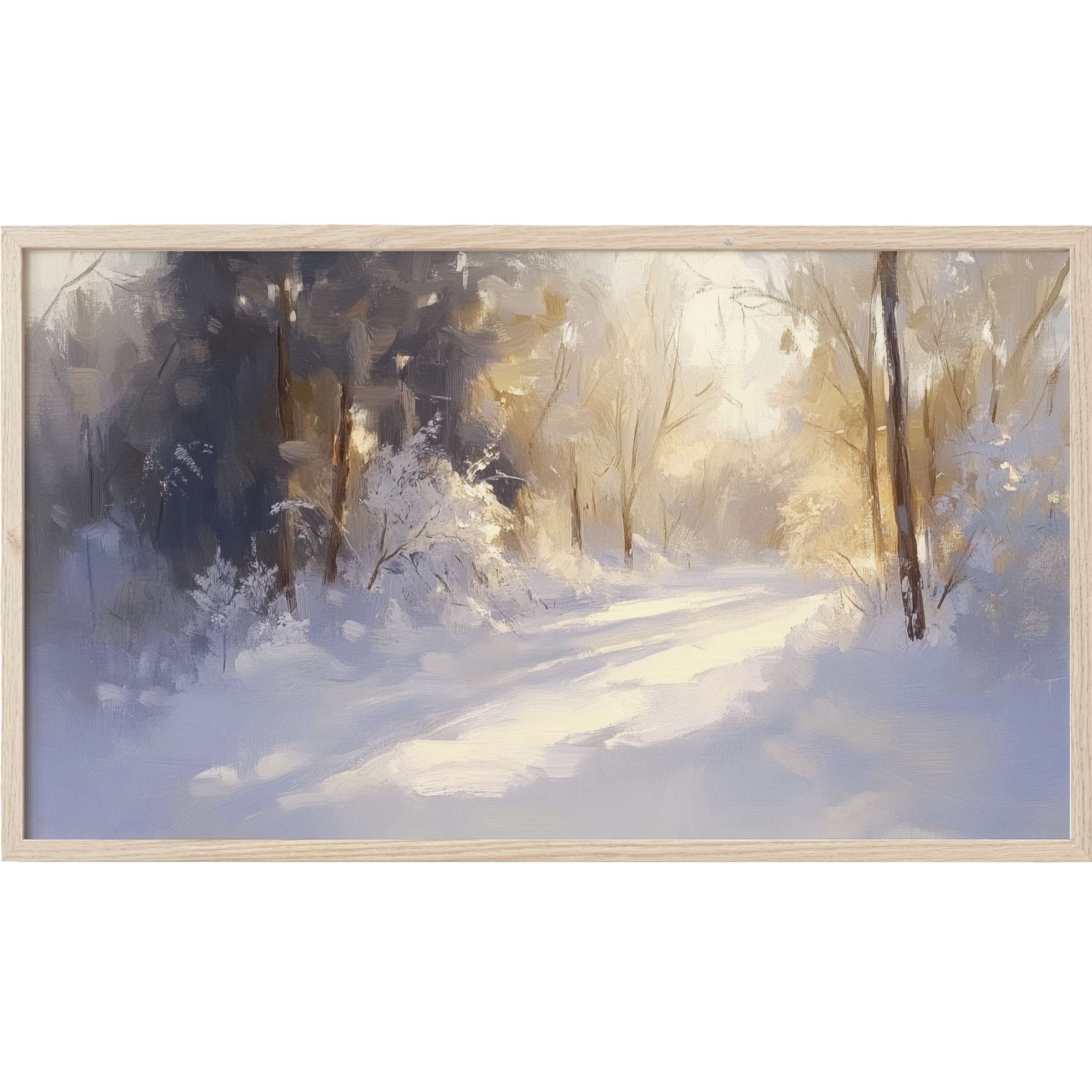 Winter Frame TV Art depicting a serene snow-covered path in soft blues, grays, and warm golden light hues