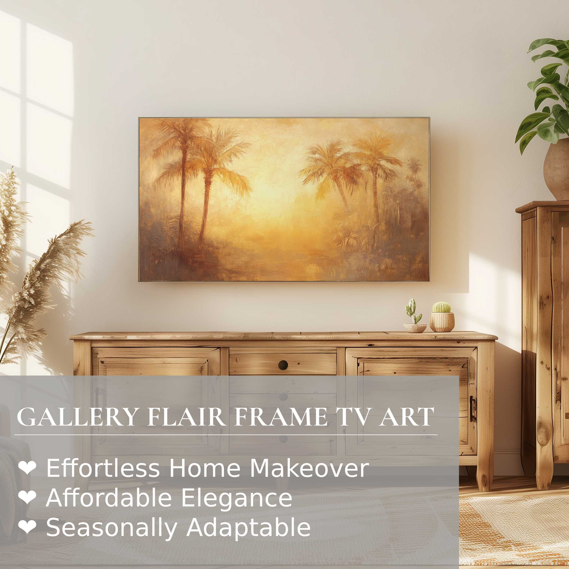 Samsung Frame TV showcasing warm summer digital artwork with palm trees, enhancing modern, elegant home decor
