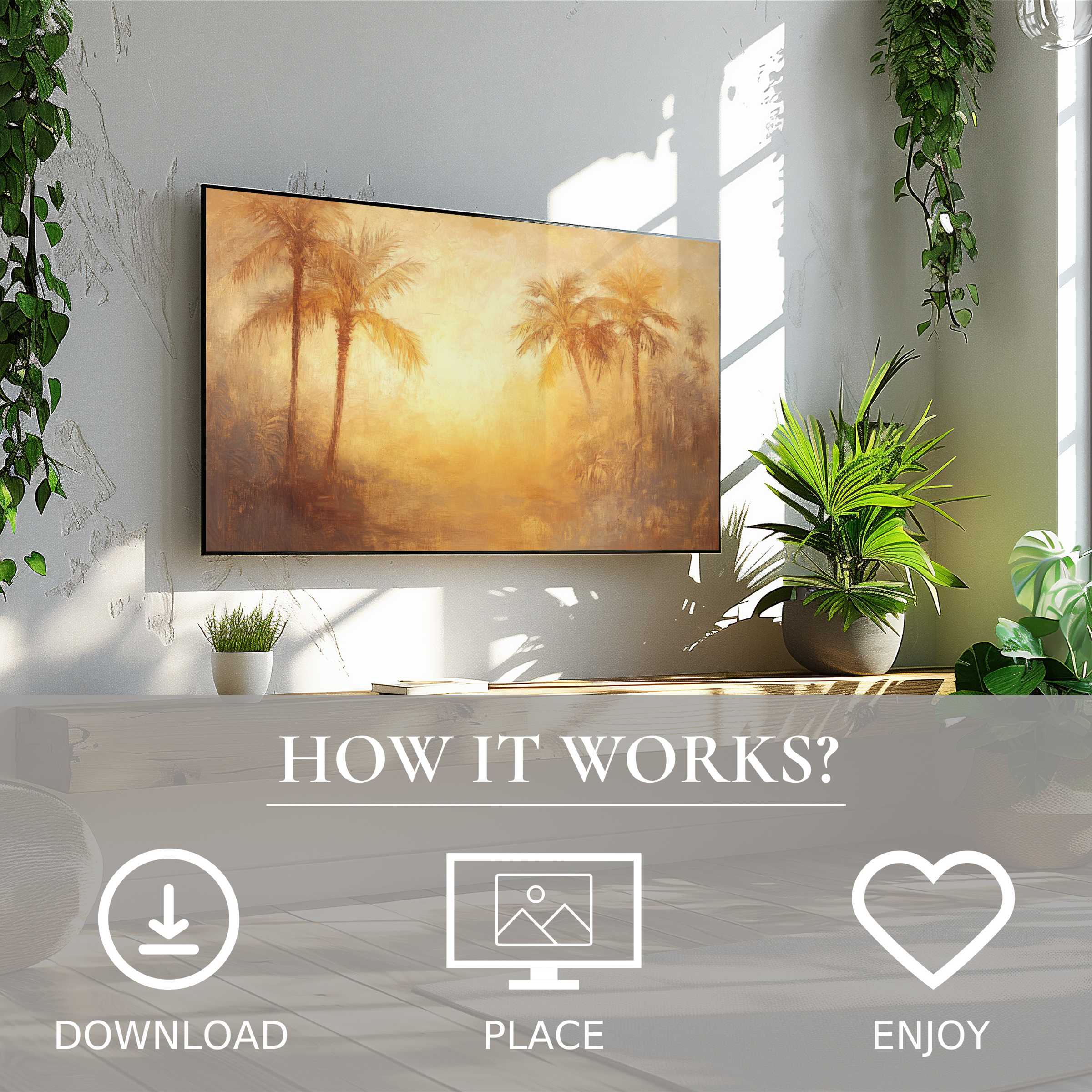 Summer art for Samsung TV showing soft sunset tones with palm trees, easy digital download enriching modern living spaces