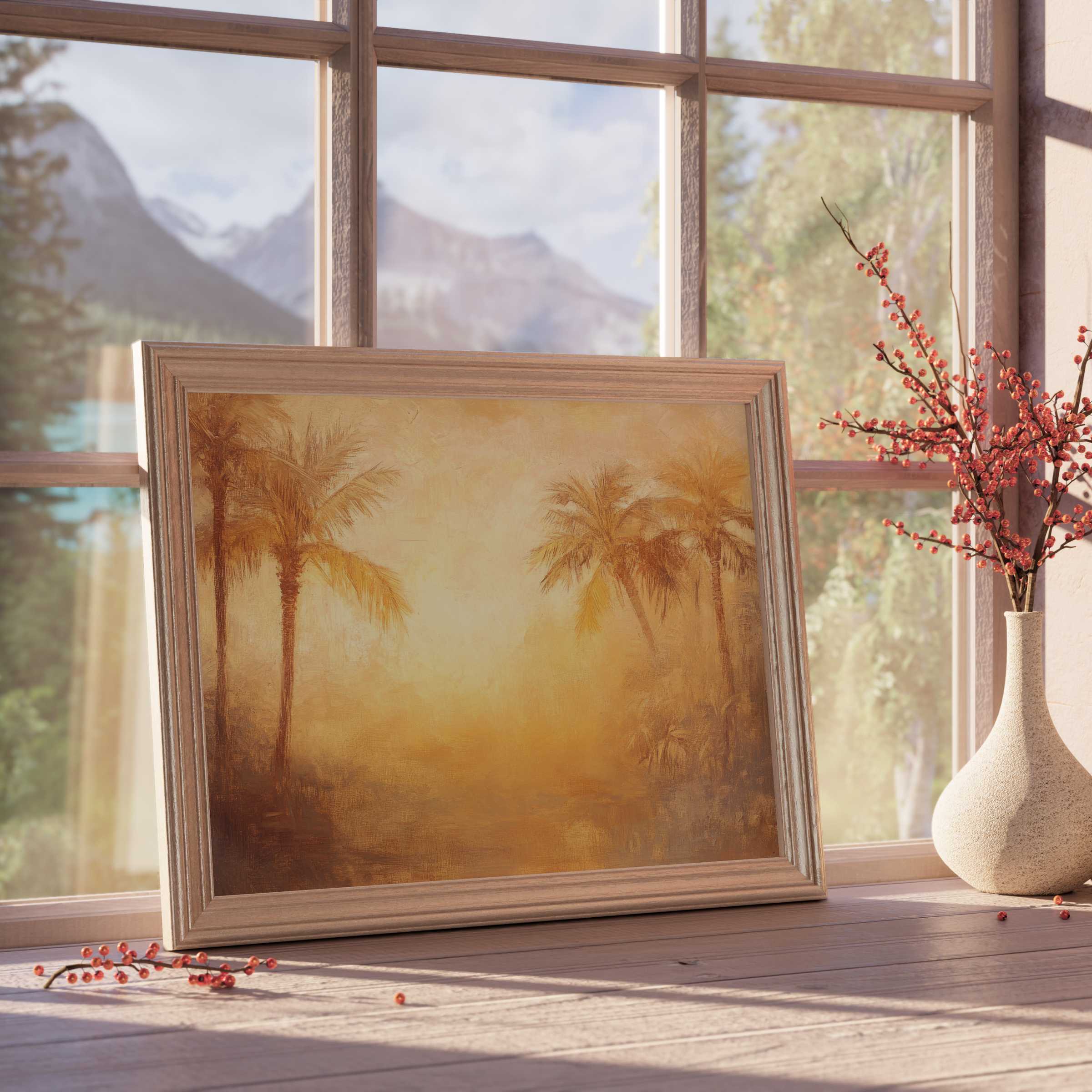 Sun-kissed summer downloadable art radiating warm golden hues and tranquil palms, perfect for curated, elegant interiors