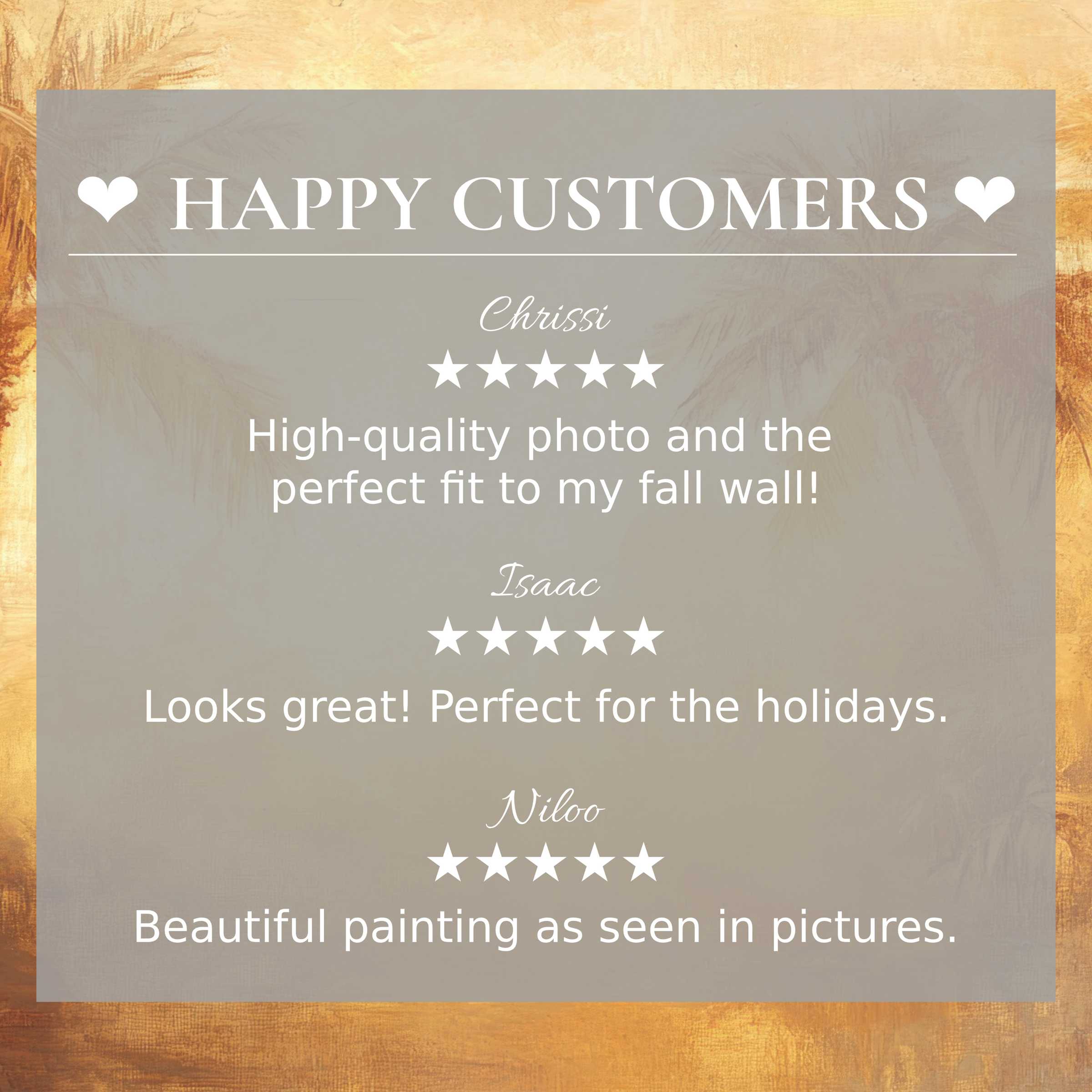 Elegant layout with abstract sunset hues background, showcasing happy customer reviews for summer art for Frame TV