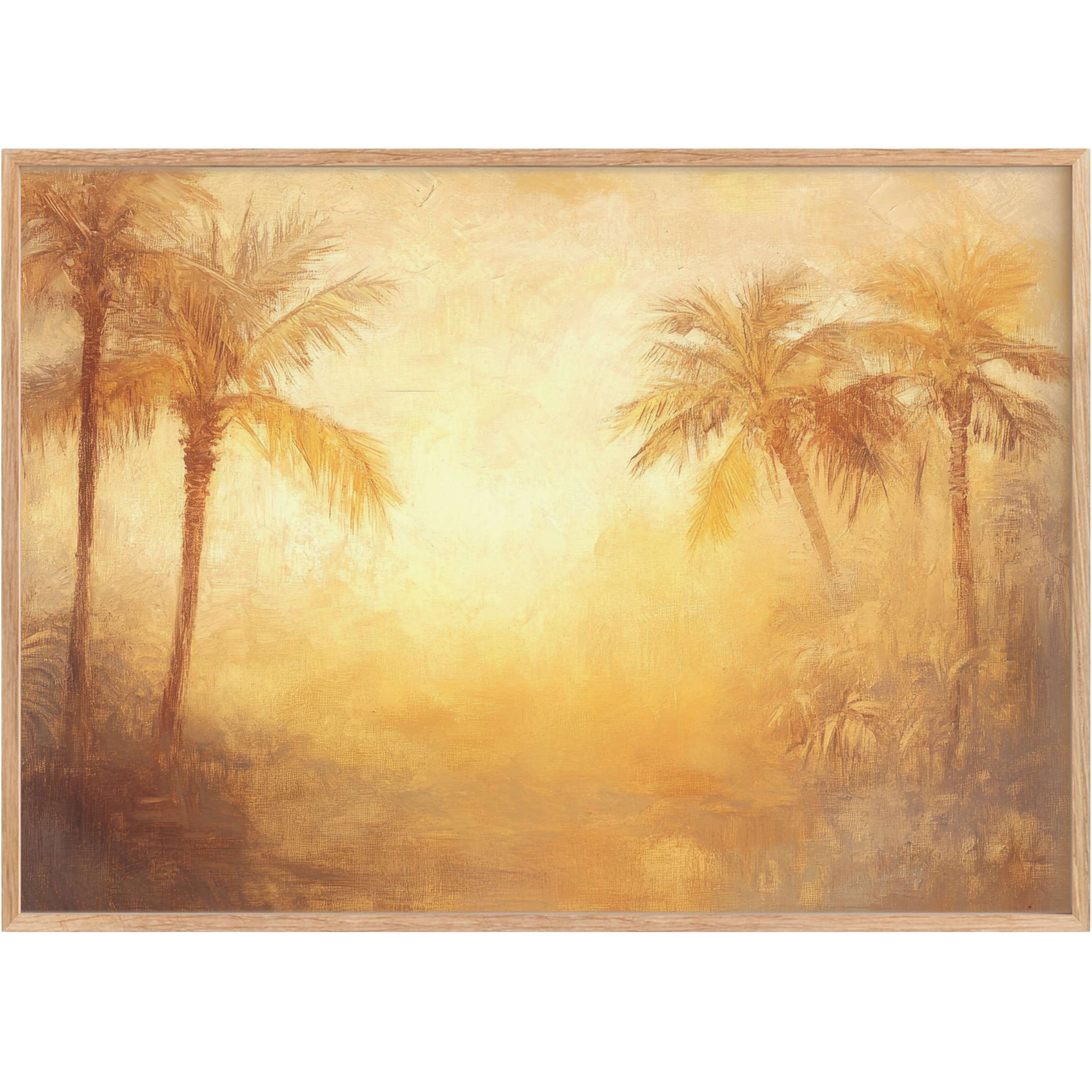 Golden-hued summer printable wall art radiates warmth and tranquility with soft palm silhouettes for an elegant, sun-kissed ambiance